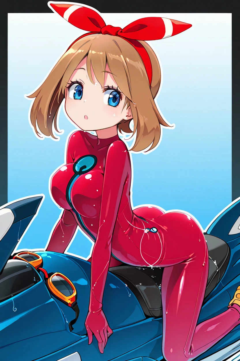 masterpiece, best quality, 1girl, solo, eyelashes, (beautiful eyes),    ,<lora:HomuraSubaruIXL_v1:1.0>,   10s, 1girl, :o, alternate color, arched back, ass, blue eyes, bodysuit, breasts, brown hair, female focus, gen 2 pokemon, gen 3 pokemon, goggles, gradient background, hairband, jet ski, latex, latex suit, red suit, may (pokemon), may (pokemon oras), medium breasts, nintendo, objectification, outside border, poke ball, pokemon, pokemon (creature), pokemon oras, sharpedo, shiny clothes, skin tight, solo, team aqua, unown, unown a, unworn goggles, watercraft, wet, wave,   <lora:MayPokemonIXL_v2:1.0>