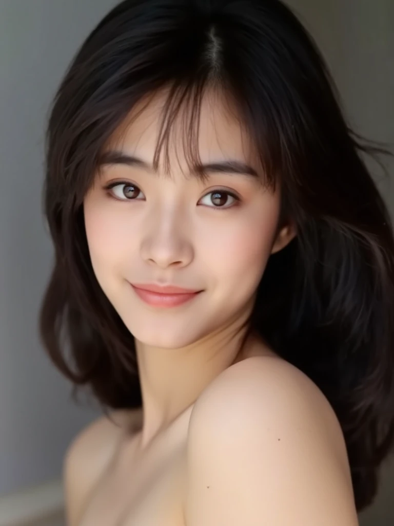 There are wonderful studio lights and various reflections,
her thin face is very delicate,(her waist is very thin :1.3),skin naturally showing the texture of blood vessels,
detailed pale skin,
the sidelight outlines her sexy body curves,
--,
<lora:linwang_f1_rank2_bf16:0.9>,
--,
--,The image is a close-up portrait of a young Asian woman. She has shoulder-length,straight hair with bangs that fall over her shoulders. Her hair is styled in loose waves and falls over her forehead. She is completly nude and is looking directly at the camera with a slight smile on her lips. high quality,photorealistic,soft lighting,high quality,film grain,light reflections.,,