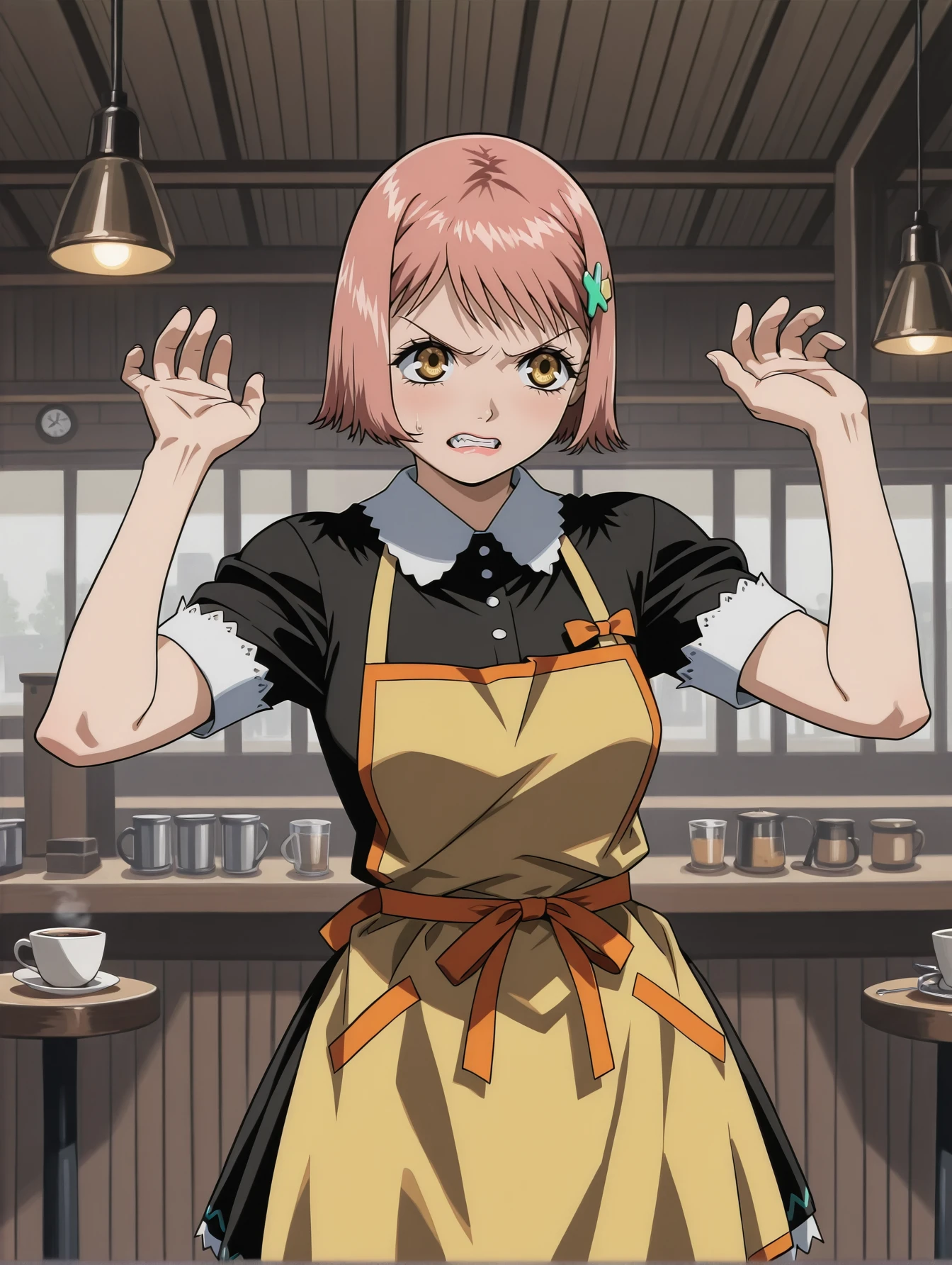 <lora:mikura-momomi-v4-illustrious-000009:0.9> m1kur4a, hairclip, black dress, yellow apron, 1girl, solo, hands up, annoyed, clenched teeth, cafe, cowboy shot, masterpiece, best quality