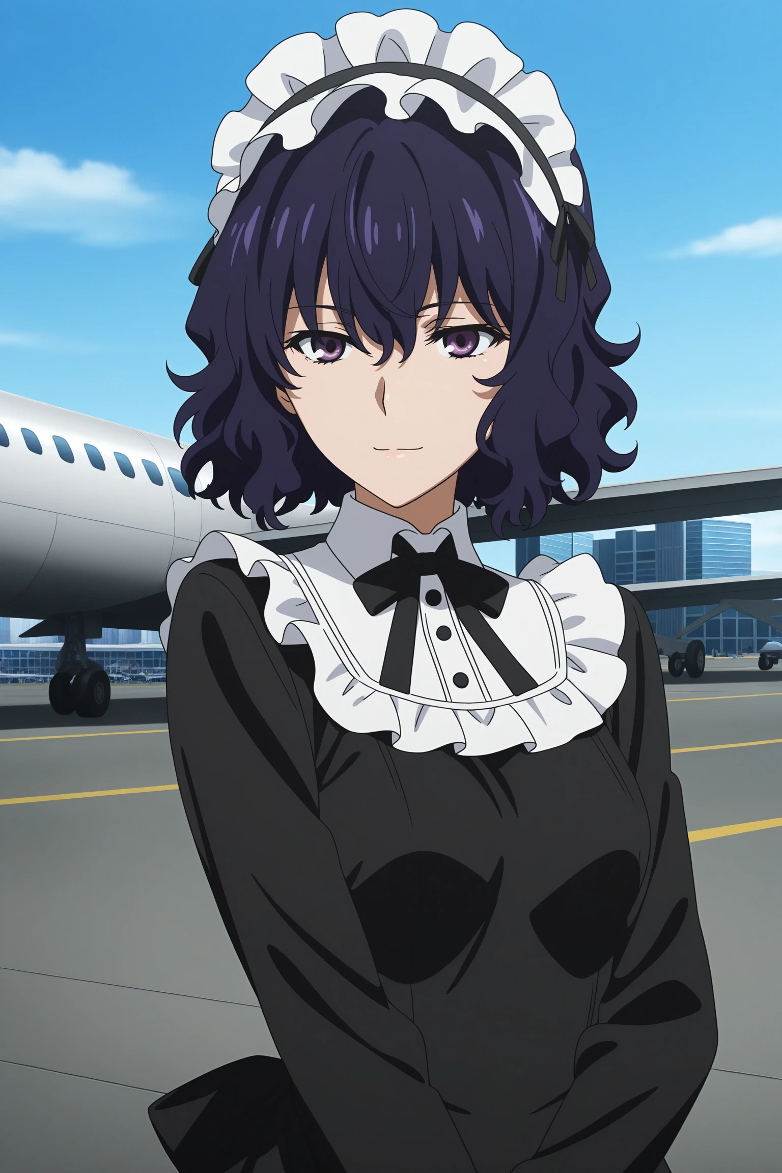 masterpiece, best quality, amazing quality, highres, absurdres, very aesthetic, high resolution, ultra detailed, perfect details, 1girl, solo, outdoors, airport, blue sky, medium breasts, nunotaba shinobu, short hair, wavy hair, purple hair, hair between eyes, purple eyes, long sleeves, black dress, black back bow, maid headdress, frills, ribbon, black pantyhose, high heels, <lora:Shinobu_Nunotaba_ILXL:0.8>, (aged up:1.2), (upper body:1.5), anime coloring, anime screencap, (pose:1.5), light smile,