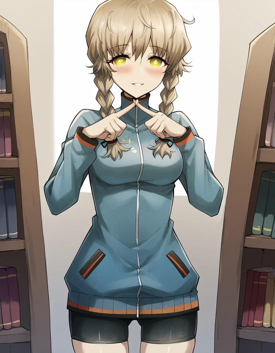 score_9, score_8_up, score_7_up, source_anime, <lora:suzuha-amane-ingame-ponyxl-lora-nochekaiser:1>, suzuha amane, bangs, brown hair, yellow eyes, braid, twin braids, medium breasts,, long sleeves, jacket, shorts, black shorts, blue jacket, bike shorts, track jacket,, bookstore, browsing shelves, new book smell, finding a favorite, quiet atmosphere, smile, <lora:x-fingers-ponyxl-lora-nochekaiser:1>, x fingers, blush, parted lips,, looking at viewer, solo,, dutch angle, cowboy shot