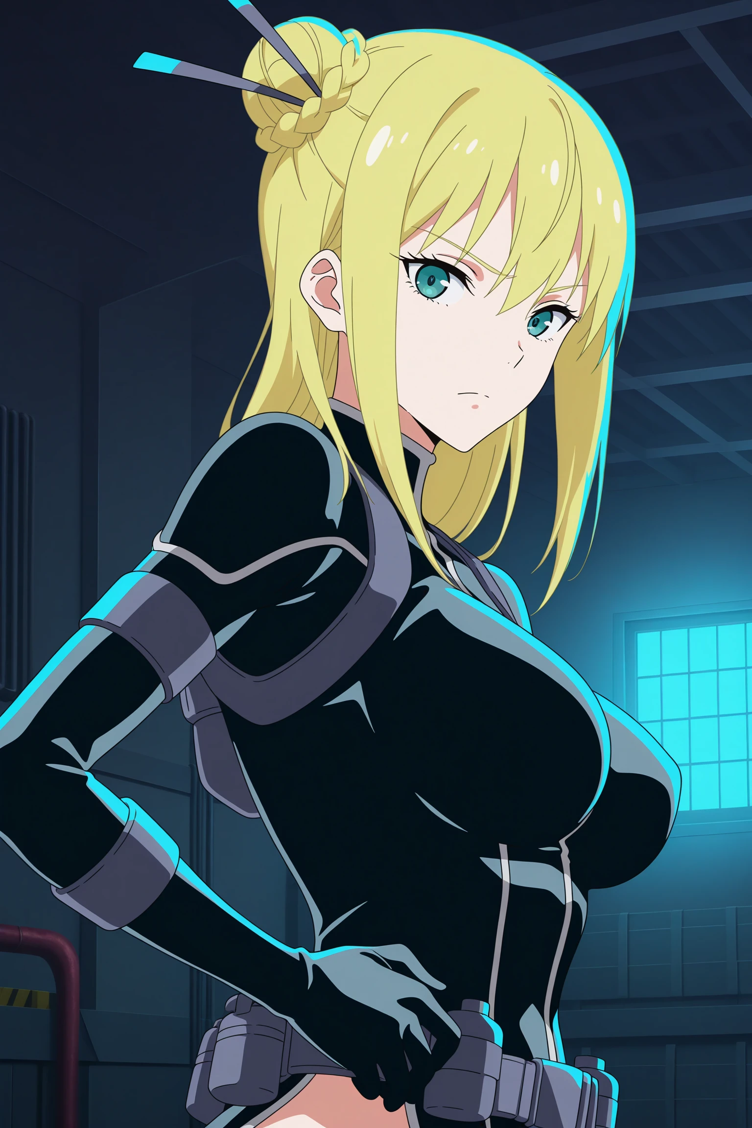 masterpiece, best quality, amazing quality, highres, absurdres, very aesthetic, high resolution, ultra detailed, perfect details, 1girl, solo, indoors, warehouse, night, medium breasts, nancy lee, blonde hair, long hair, hair ornament, single hair bun, braided bun, green eyes, bodysuit, utility belt, thigh cutout, ass cutout, high heels, <lora:Nancy_Lee_ILXL:0.8>, (portrait:1.5), looking at viewer, anime screencap