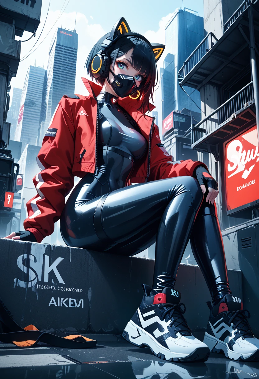 score_9,score_8_up,score_7_up, score_6_up,
1girl, sk997cos_bodysuit, sk01 jacket, red jacket, cat ear headphones, sk04 mask, sk02 sneakers, fingerless gloves, 
sitting, low angle, 
short hair,
solo, outdoors, city, day, cyberpunk, 
 <lora:997sk cosplay PonyV3:0.8>