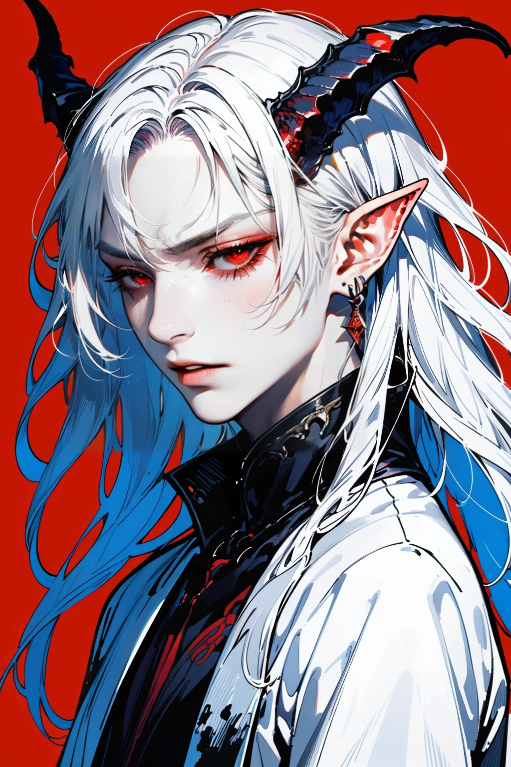 hezi,brilliant color,brush texture,beauty,solo, 1boy, male focus, long hair, red eyes, jewelry, pointy ears, red background, earrings, white hair, parted lips, half-closed eyes, portrait, looking at viewer, bangs, horns, from side, upper body, head wings, bishounen,vampire,,<lora:çº¯å½©ç»ä¸½è´¨æ-000016:0.65>,