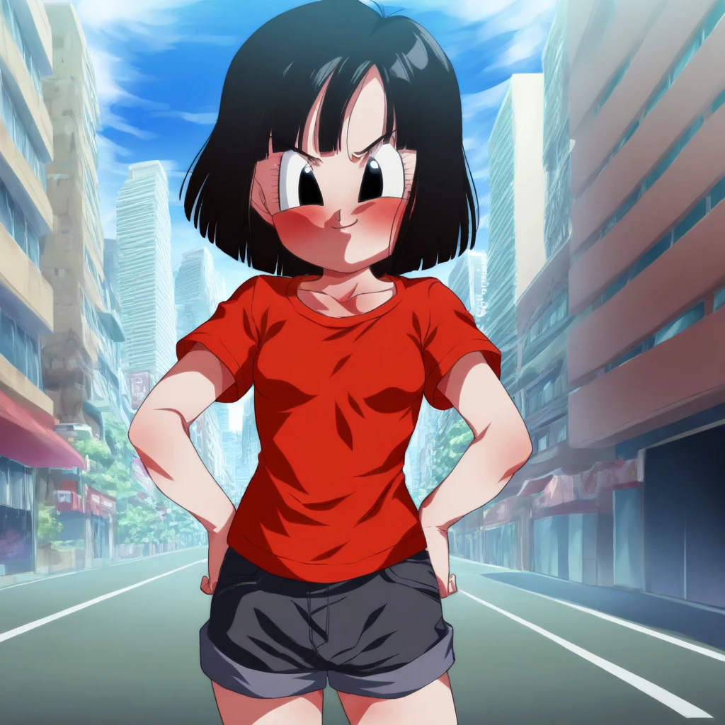 1girl, solo, Rom@_ArtStyle, black hair, small breasts, collarbone, short hair, black eyes, round eyes, v-shaped eyebrows, small smile, blush, red shirt, black shorts, outdoors, city, looking at viewer, cowboy shot, hands on hips, day