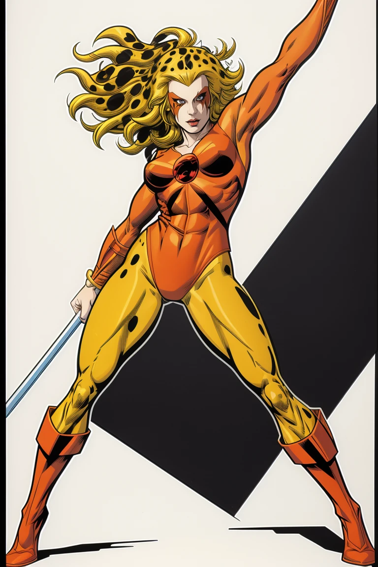 (best quality), (masterpiece),   <lora:CheetaraQuiron_v09i02e25t05_Lora:1> cheetaraQuiron, Vivid colors, Clean lines, Sharp edges,  Precise geometry, Simplistic, Smooth curves, Bold outlines, Crisp shapes, Flat colors, 
Illustration art piece by Mike Deodato ,