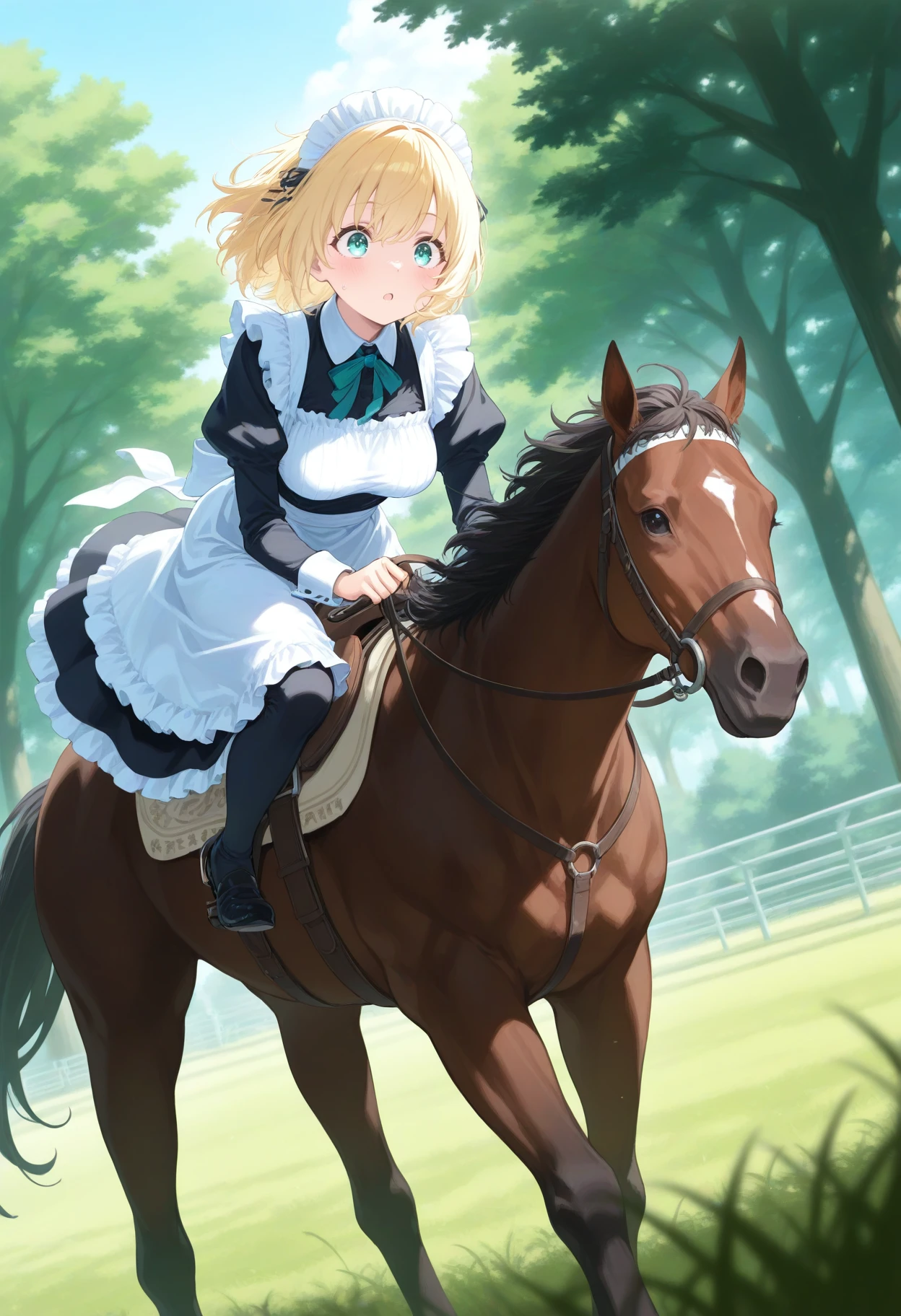 1girl,(sho \(sho lwlw\):0.7),(toosaka asagi:0.5),(sincos:0.3),solo,
masterpiece, best quality, newest, absurdres, CG, anime, source anime, illustration,
maid, maid headdress,medium breasts,
do deuce, 1boy, horse, riding, grass, outdoors, day, saddle, reins,  <lora:dodeuce_Illust_v1:0.8>
dutch angle, fisheye lens, looking to the side, blonde hair, aqua eyes,surprised, closed mouth, disheveled hair,