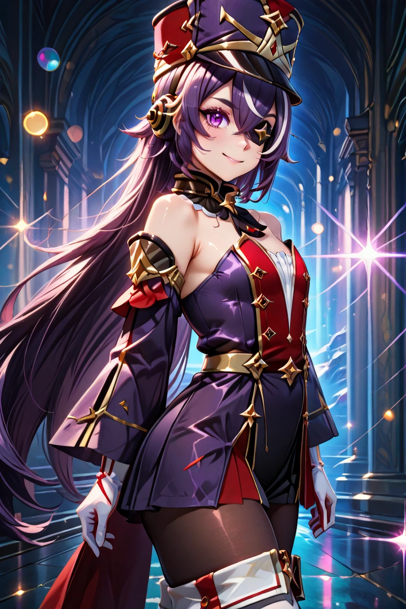 masterpiece, best quality, solo, curvy, beautiful eyes,,<lora:ChevreuseGenshinIXL:1.0>, zzChevreuse, purple eyes, hair between eyes, long hair, multicolored hair, purple hair, streaked hair, white hair, hat, earmuffs, eyepatch, bare shoulders, gold trim, white gloves, gloves, puffy detached sleeves, detached collar, pantyhose, white thigh boots, upper body, side view, smile, looking at viewer, shiny skin,<lora:RealisticAnimeIXL_v2:1.0>, shiny skin, bokeh, luminescent background,