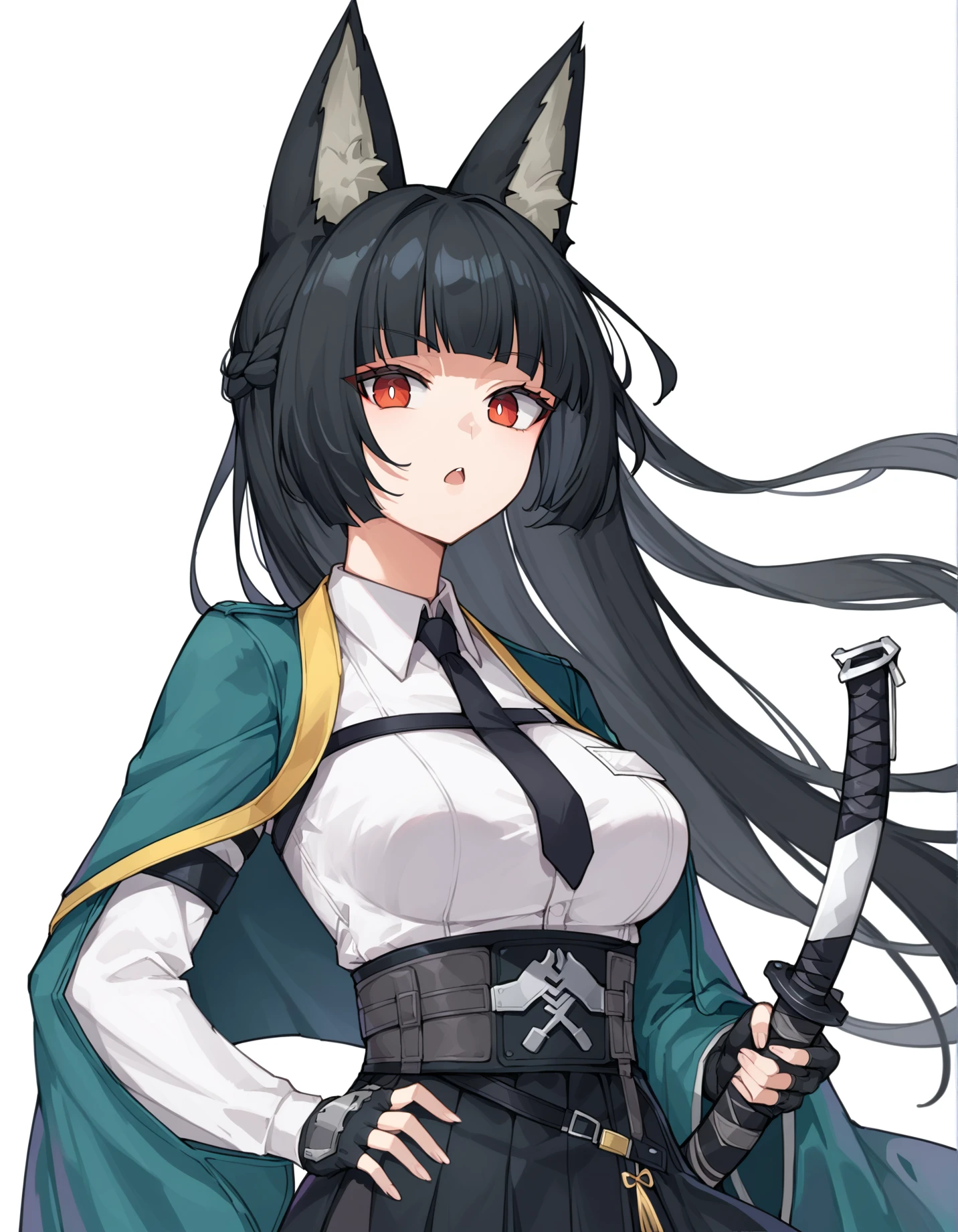 score_9, score_8_up, score_7_up, Miyabi, 1girl, solo, long hair, breasts, looking at viewer, open mouth, bangs, skirt, large breasts, simple background, shirt, black hair, red eyes, gloves, white background, holding, animal ears, white shirt, weapon, braid, necktie, black gloves, collared shirt, sword, blunt bangs, fingerless gloves, black skirt, holding weapon, animal ear fluff, hand on hip, fox ears, black necktie