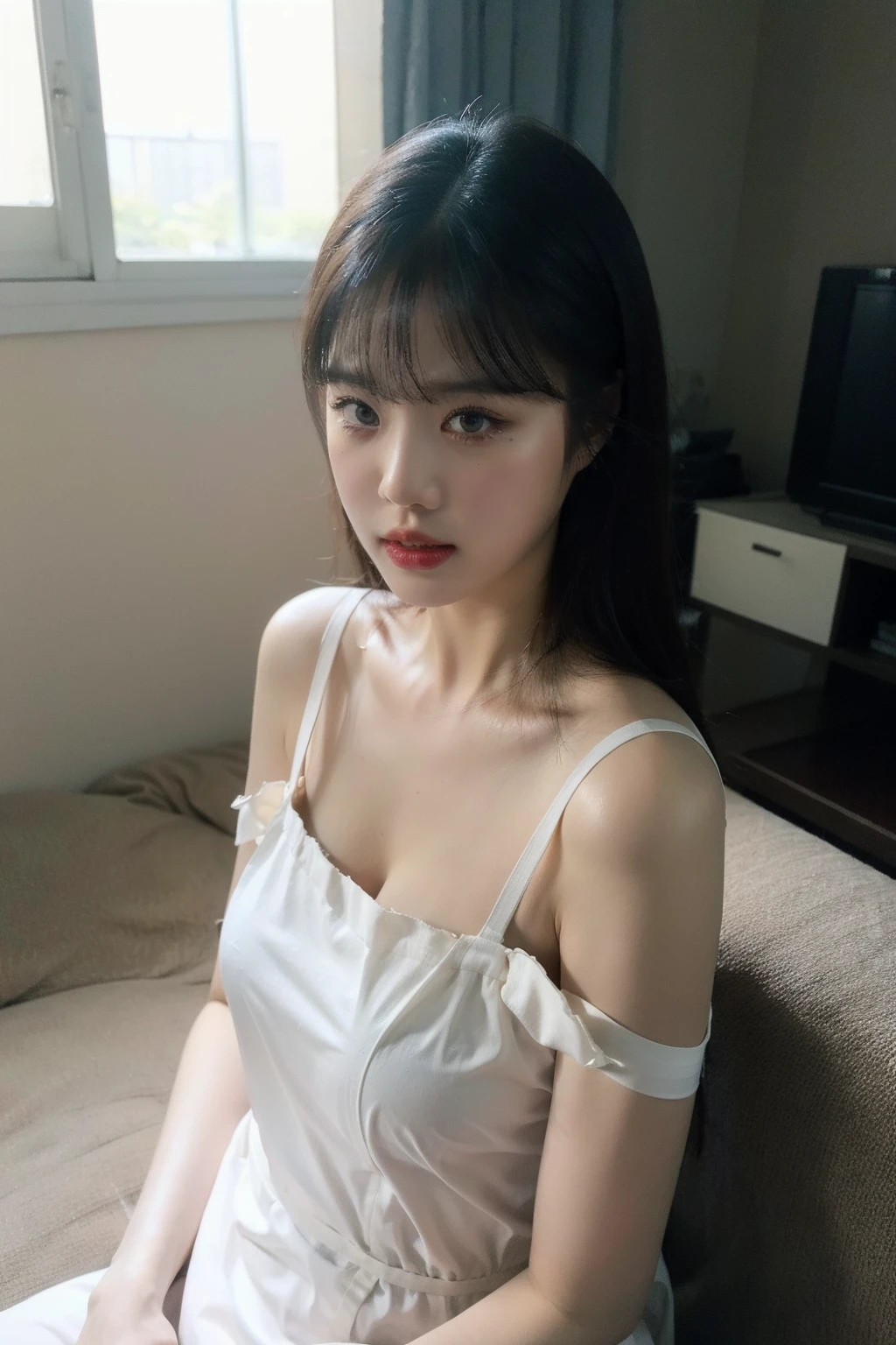 (realistic), (hyperrealism),best quality, masterpiece,ultra high res, (photorealistic:1.4),1girl,(looking at viewer:1.2),1girl, solo, realistic, looking at viewer, parted lips,  torn white dress,   <lora:makina69_soojin_v1.0:1>, inside old apartment, upper body