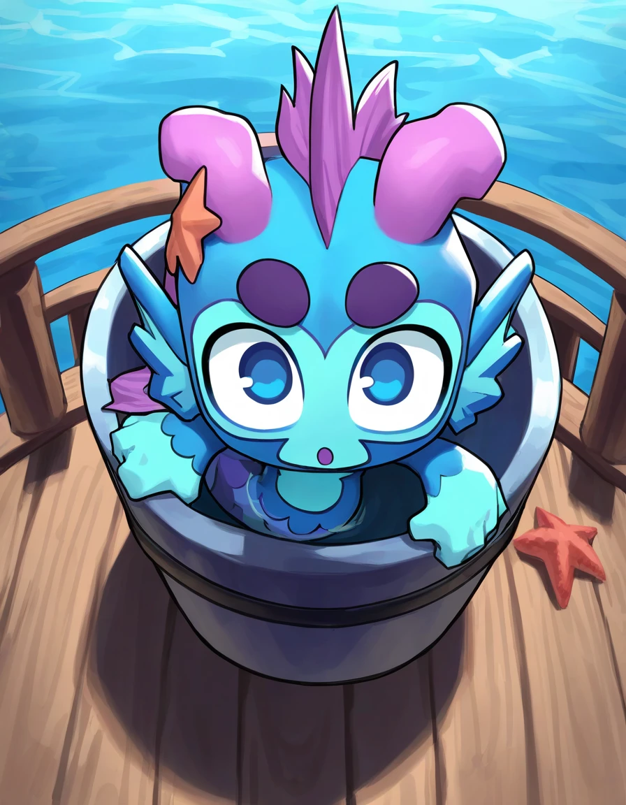 (tier/0/0/0/mermonkey), mermaid, kneeless mermaid, solo, open mouth, blue eyes, 1boy, purple hair, male focus, :o, colored skin, looking at viewer, thick eyebrows, fins, blue skin, head fins, starfish on side of the head, [chibi], in bucket, pov, zoomed in, view inside large bucket, from above,
(detailed background), ocean, on wooden bridge, sky, daytime, masterpiece, best quality, very awa