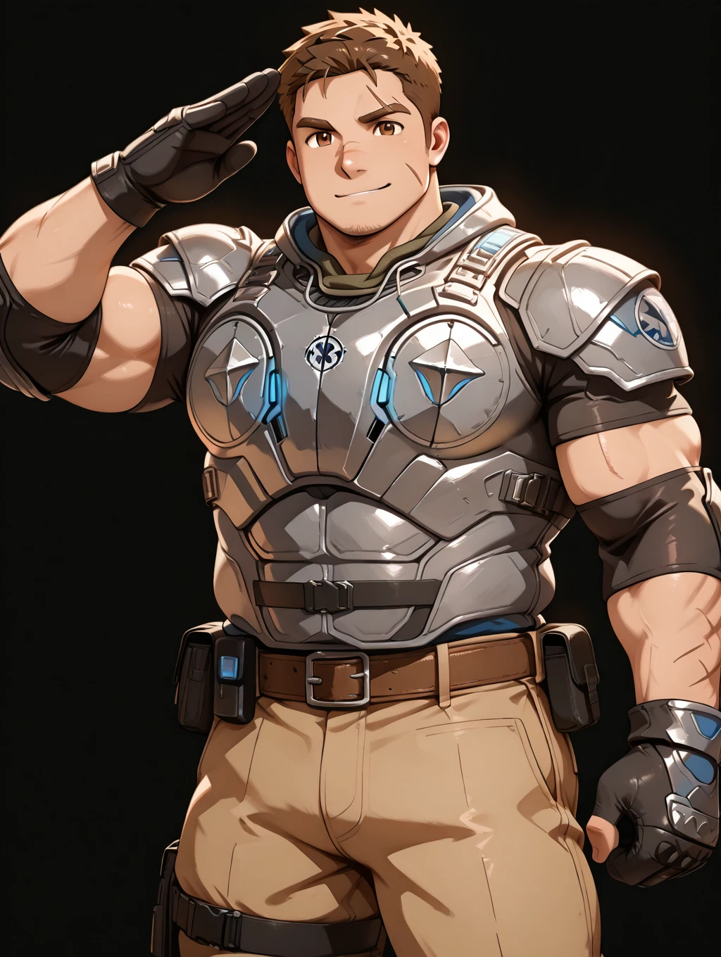 <lora:JD_Fenix_IL:0.95> jd_fenix, brown hair, short hair, scar, muscular, bara, chubby, grey armor, brown pants, black background, brown eyes, cowboy shot, gloves, salute, smirks