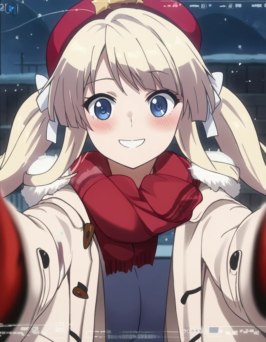 score_9, score_8_up, score_7_up, source_anime, <lora:heavyobject-monica-s1-ponyxl-lora-nochekaiser:1>, monica, long hair, bangs, blue eyes, blonde hair, twintails, large breasts, very long hair, hair ribbon, sidelocks, drill hair, white ribbon, anime screencap,, <lora:pov-cheek-warming-ponyxl-lora-nochekaiser:1>, pov cheek warming, pov cheek warming (meme), winter gloves, duffel coat, fur-trimmed scarf, winter clothes, red mittens, meme, winter coat, red scarf, fur-trimmed coat, reaching towards viewer, reaching, mittens, fur-trimmed hood, white coat, open coat, scarf, coat, red gloves, snowing, pov, fur trim, depth of field, smile, blush,, christmas, christmas tree, christmas lights,, , dutch angle, cowboy shot