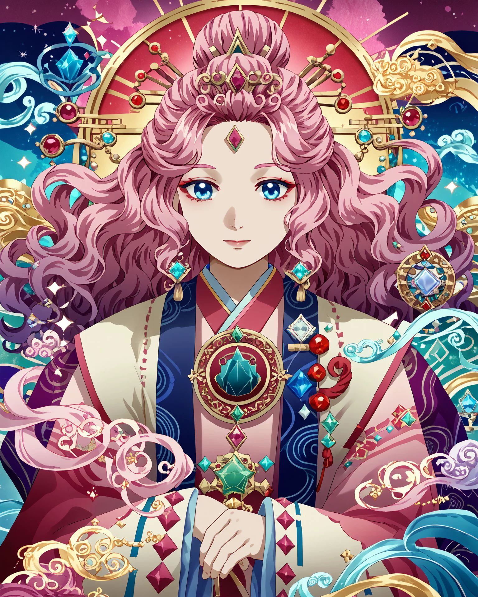 1girl, amateco, pink hair, wavy hair, updo, blue eyes, gemstones, gorgeous sky, ornate, masterpiece, highest quality, absurdres, digital art, score_9, score_8_up, score_7_up, <lora:AmaterasuCore_XL-000011:1.1>,  <lora:by_nekomori_maririn-pony:0.7> by Nekonomori Maririn