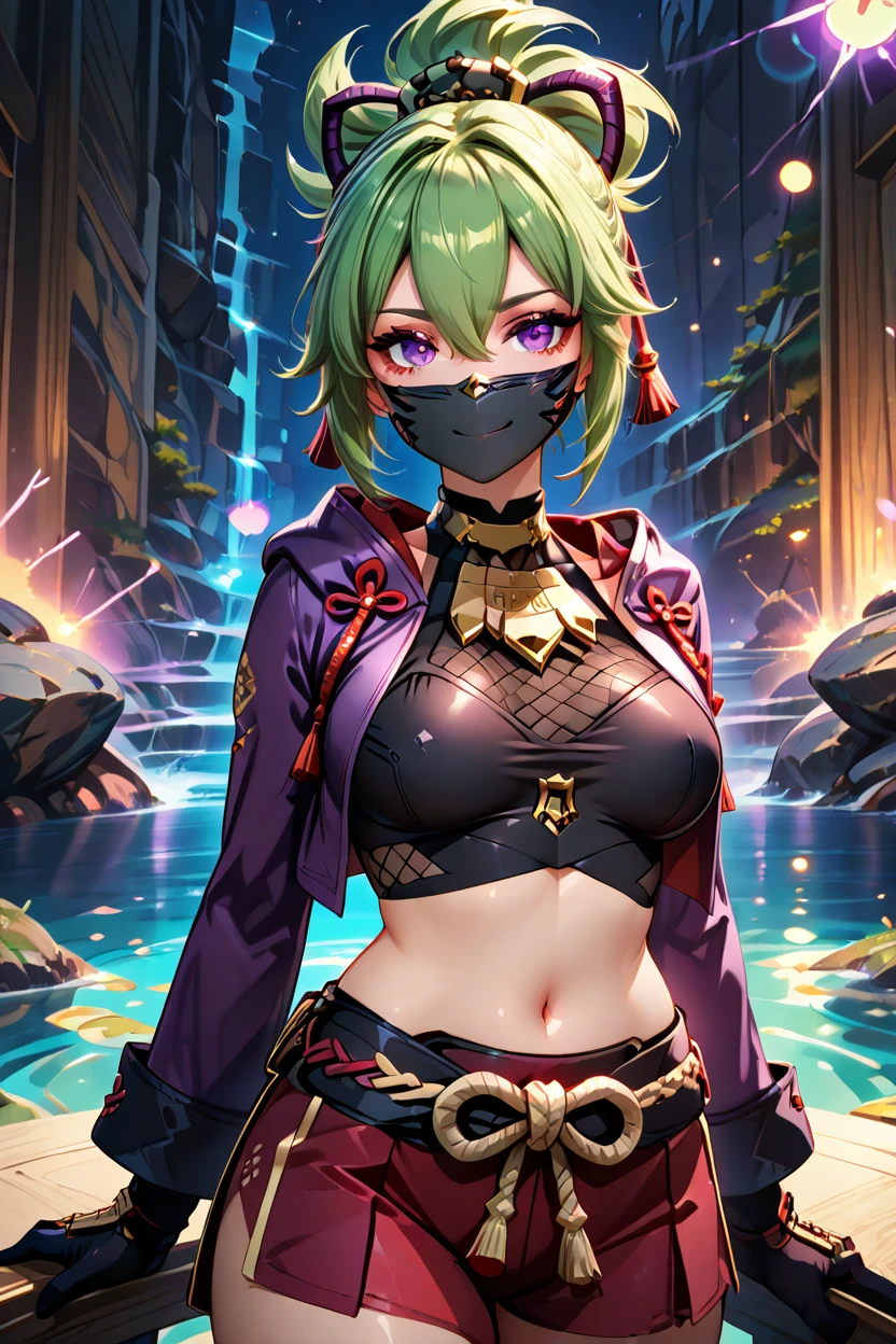 masterpiece, best quality, solo, curvy, beautiful eyes,,<lora:KukishinobuGenshinIXL:1.0>, zzKuki, purple eyes, green hair, hair ornament, ponytail, hair between eyes, mask, mouth mask, rope, jacket, purple jacket, crop top, navel, gloves, midriff, dynamic pose, cowboy shot, smile, looking at viewer, shiny skin,<lora:RealisticAnimeIXL_v2:1.0>, shiny skin, bokeh, luminescent background,