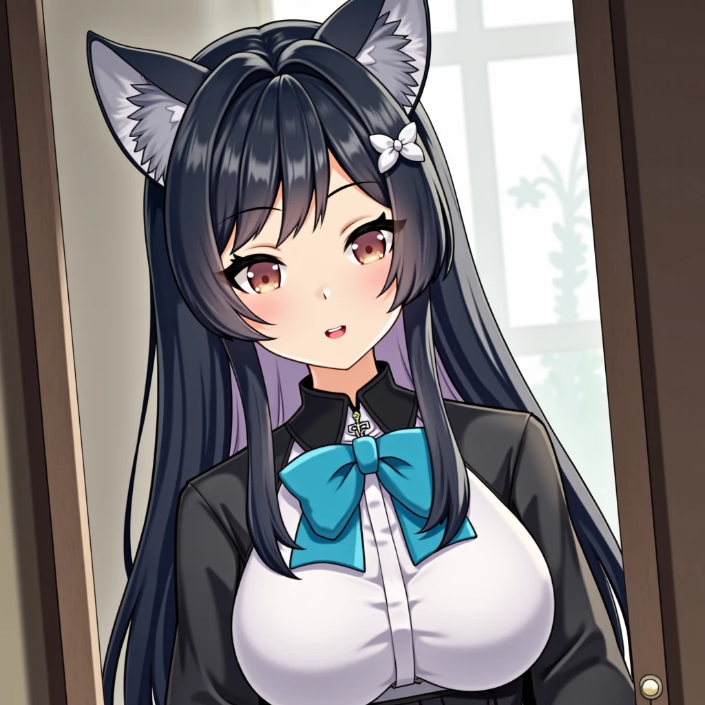 Full Body, anime,
LilyLinglan. The image portrays a scene of a person with black hair, adorned with a blue bow, a young woman with long black hair and cat ears.
she is standing,