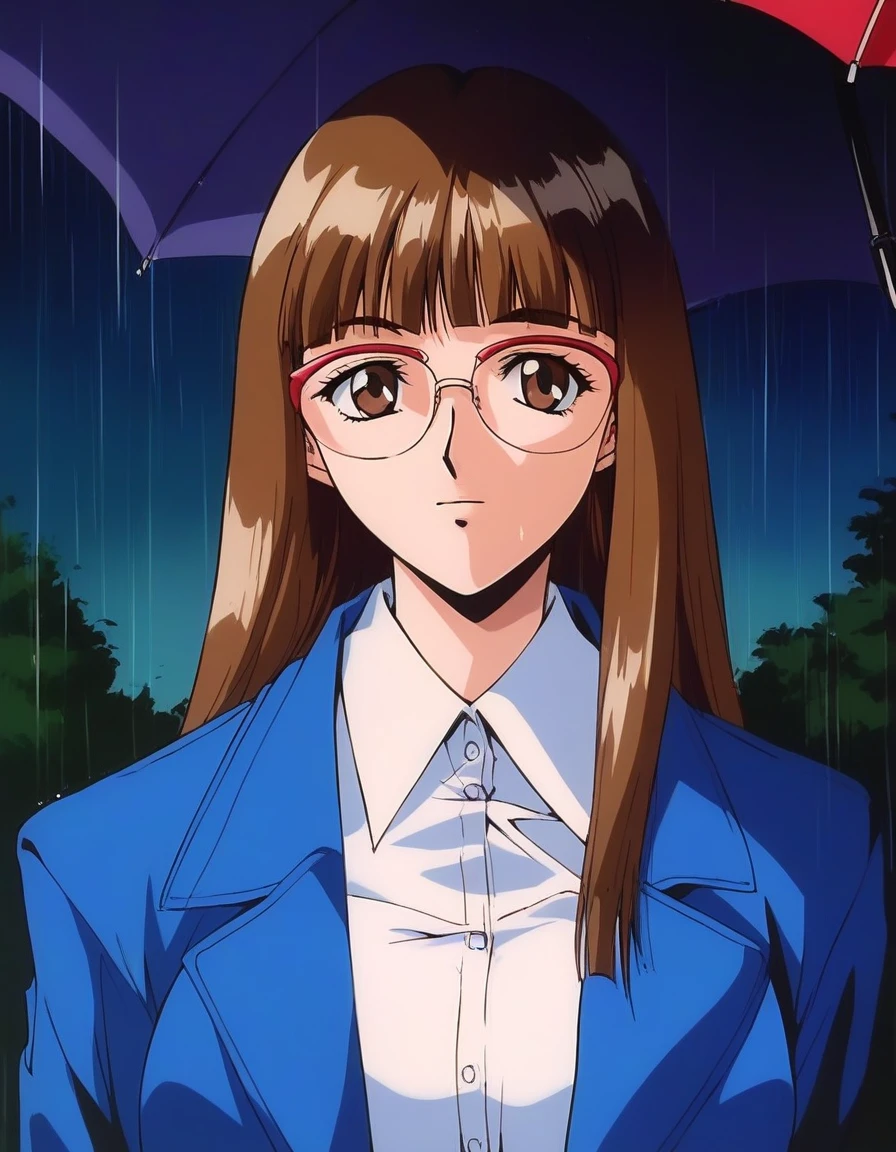 score_9, score_8_up, score_7_up, source_anime, rating_explicit, BREAK <lora:Iijima_Sensei_XL:1>
Iijima_Sensei, 1girl,solo, brown hair, glasses, long hair, brown eyes,blunt bangs, large breasts, 1990s \(style\),anime coloring,  BREAK,
looking at viewer, upper body, shirt, long sleeves, blue jacket, collared shirt, white shirt, umbrella, night, day, rain,