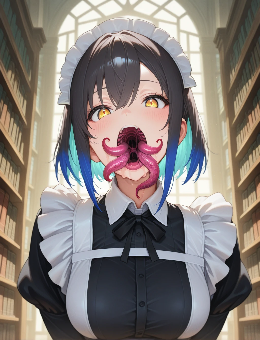 masterpiece,best quality,higres illustration,detailed face,1girl,<lora:tentaclesmouth_IL:1>,tentacles,maid,library,multicolored hair,upper body,