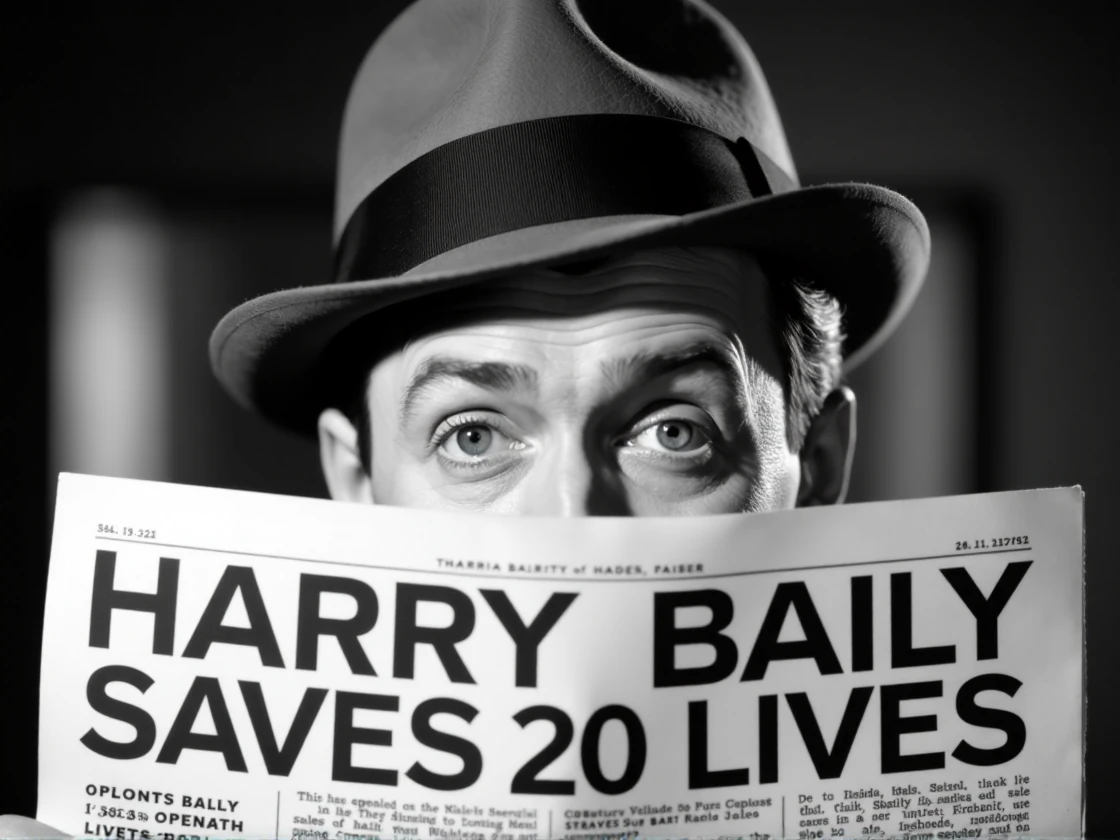 <lora:james-stewart-1940s-000002:1> man, 1940s hat and suit, looking dapper, holding up a 1940s newspaper with a headline "HARRY BAILY SAVES 20 LIVES", extreme close-up, zoomed, focus on face, centered, macro shot, face centered, focus on eyes, looking directly at the viewer, looking directly at the camera, making eye contact, looking straight ahead