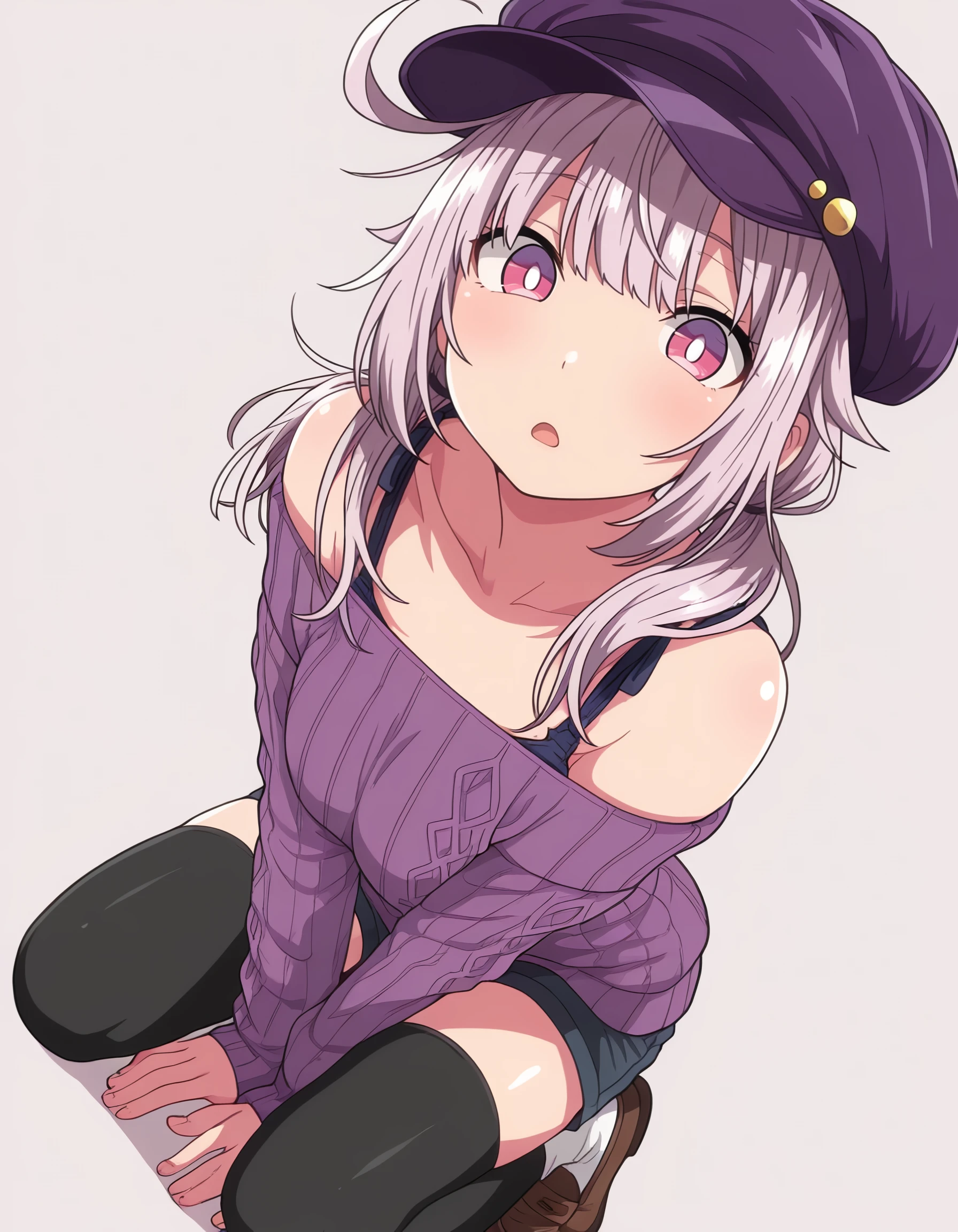 masterpiece, best quality, amazing quality, juri, long_hair, grey_hair, purple_eyes, pink_eyes, cabbie_hat, off-shoulder_sweater, bare_shoulders, long_sleeves, purple_sweater, bra_strap, shorts, black_thighhighs <lora:hatsukoi_jikan_-_juri_il:1>, by_suzuno_(suzuno3110), twintails, full_body, white_socks, ahoge, loafers, bright_pupils, looking_at_viewer, simple_background, socks, open_mouth, 1girl, solo