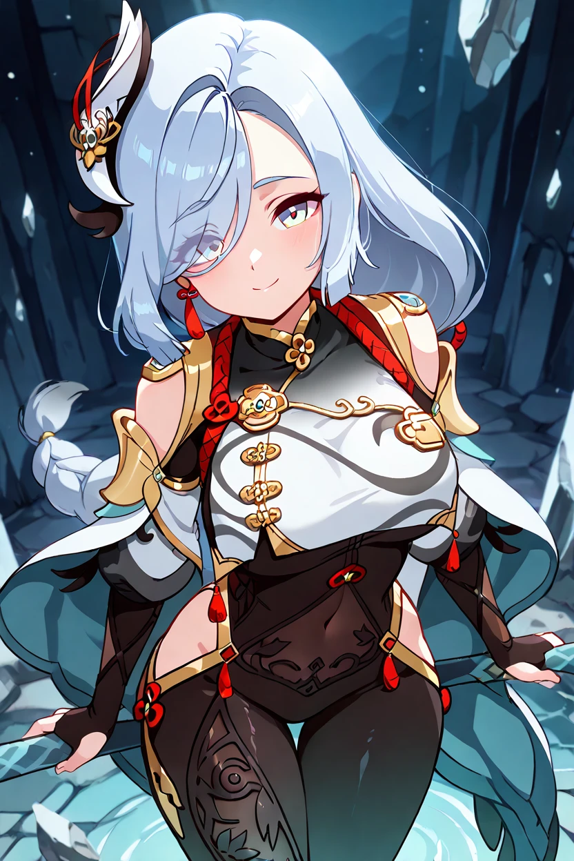 masterpiece, best quality, solo, curvy, beautiful eyes,,<lora:ShenheGenshinIXL:1.0>, zzShenhe, blue eyes, eyes visible through hair, hair over one eye, braided ponytail, grey hair, hair ornament, long hair, white hair, large breasts, very long hair, braid, tassel, gloves, bodysuit, jewelry, breast curtain, black bodysuit, from above, dynamic pose, cowboy shot, smile, looking at viewer, shiny skin,<lora:DiivesIXL:1.0>,