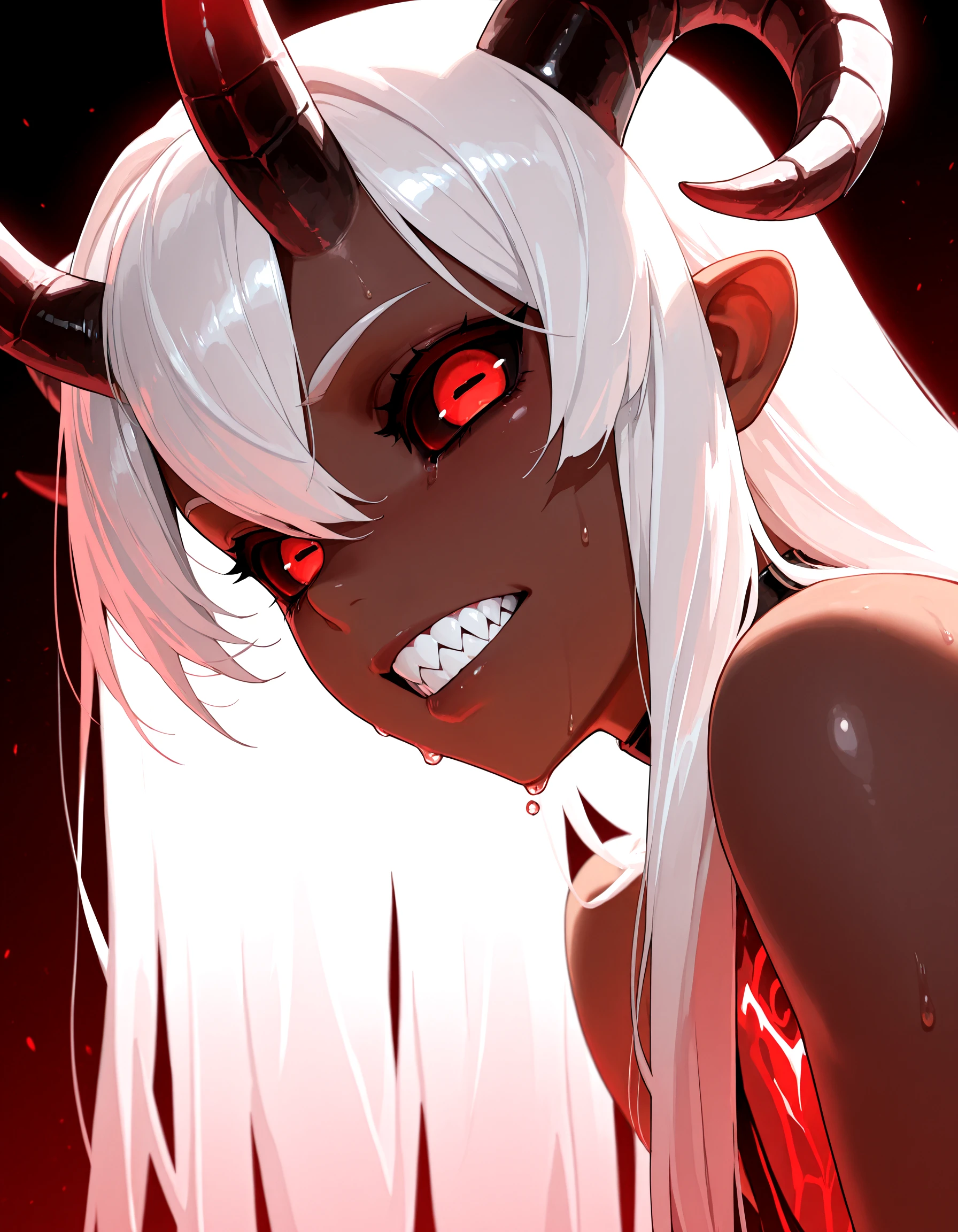 <lora:HorizontalPupilsIllust_epoch_9:0.99>close-up, masterpiece,best quality,absurdres, amazing quality, 1girl, very_long_hair, white_hair, ram_horns, black_sclera, sharp_teeth, dark_skin, red_eyes, horizontal_pupils