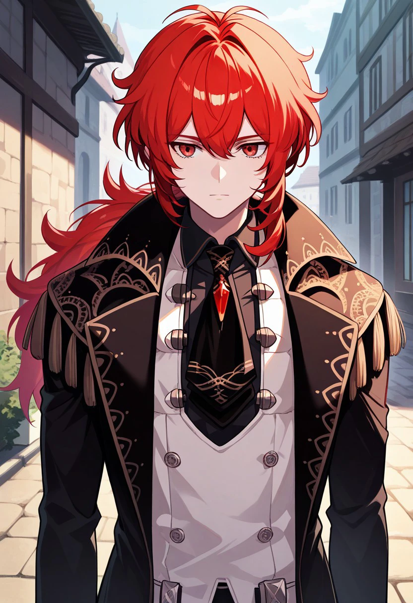 masterpiece, best quality, 
diluc, 1boy, male focus, solo, red eyes, red hair, long hair, low ponytail, bangs, hair between eyes, antenna hair, shirt, black shirt, collared shirt, necktie, black necktie, vest, white vest, coat, black coat, 
outdoor,