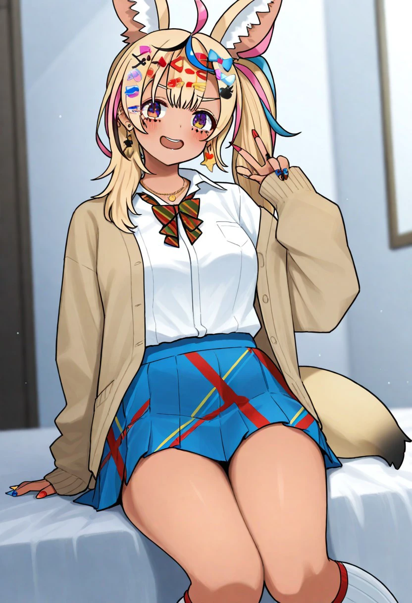 nsfw,masterpiece,ultra detailed,8k,navy school sweater,(short plaid pleated skirt),adult curvy body,(tanned skin:1.1),(japanese gyaru),seductive cute face,cheerful smile,silver panties,sitting and knees up on floor,curvy thighs,dirty sole,painted toe-nails,makeup,at messy and dirty private room,used lingerie and clothes on floor,clothes shelf on wall,