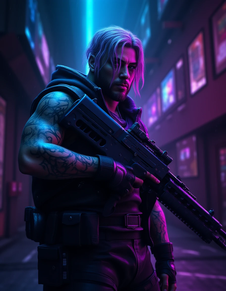 <lora:cyberpunk_512_dev_f1_k:1> Cinematic Portrait, Cyberpunk Street, Gunman with Neon Tattoo, Intense Stare, Dark Alleyway, Rainy Night, High Contrast Lighting, Extreme Detail, 4k Resolution