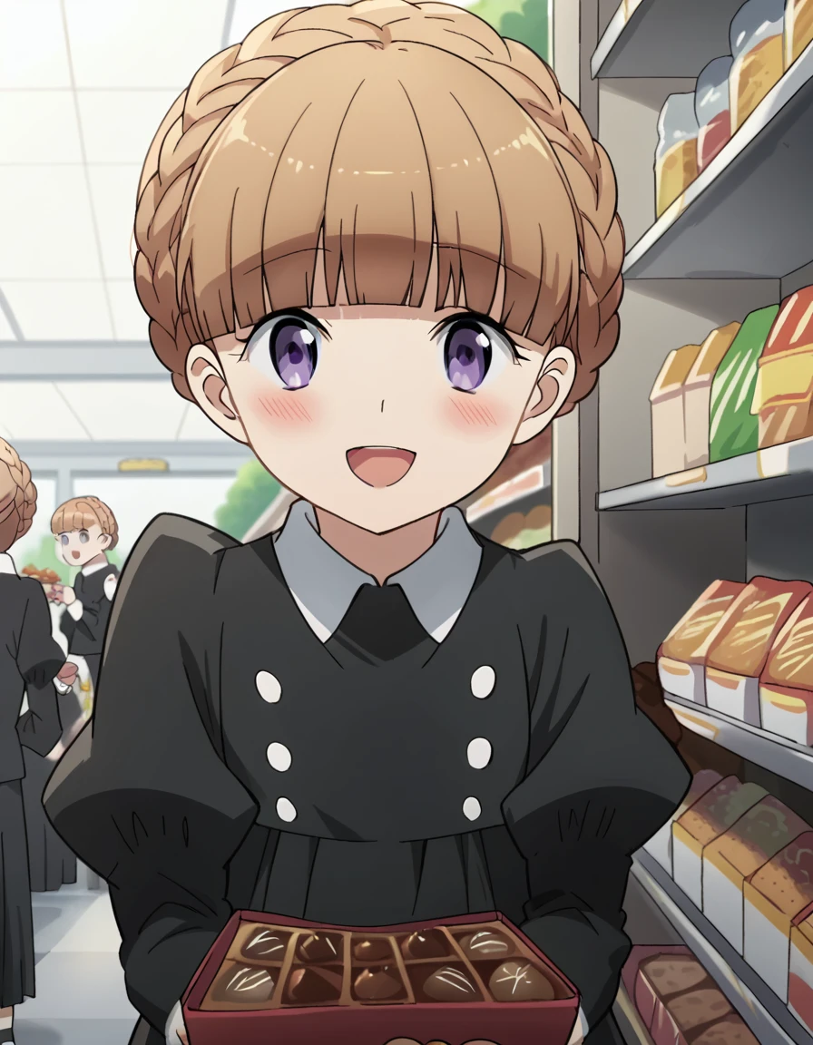 score_9, score_8_up, score_7_up, source_anime, <lora:eddelrittuo-s1-ponyxl-lora-nochekaiser:1>, eddelrittuo, bangs, brown hair, purple eyes, braid, blunt bangs, anime screencap,, long sleeves, dress, puffy sleeves, black dress, maid, supermarket, aisles, shopping, food, shelves, smile, <lora:incoming-chocolate-ponyxl-lora-nochekaiser:1> incoming food, chocolate, holding, holding chocolate, holding food, food, looking at viewer, open mouth, blush, smile, school uniform,, looking at viewer, solo,, dutch angle, cowboy shot