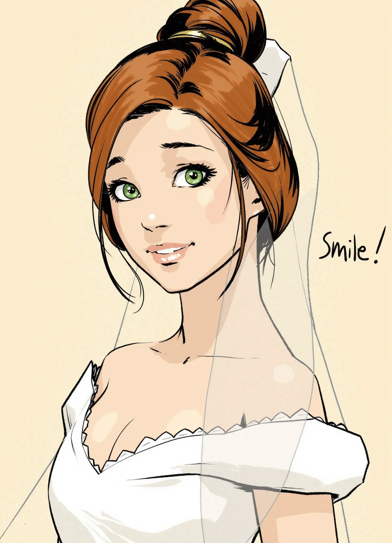 comic book illustration by fiona staples, a princess wearing a sheer white royal gown, she has auburn hair pulled back into a single bun with several loos strands of hair framing her face, she has the most beautiful vibrant green eyes the color of emerals, her eyes are closed with a smile on her face, the text "Smile!" is written beside her