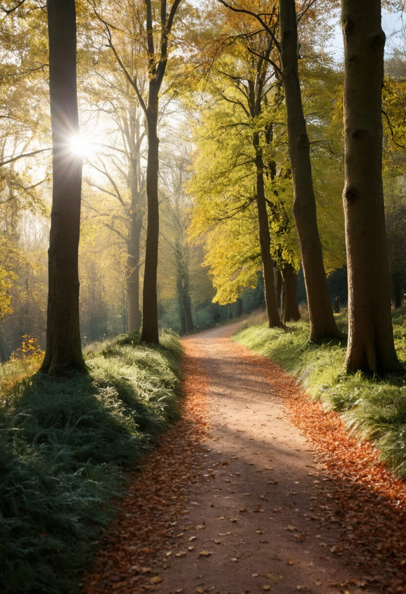 photograph, a path in the woods with leaves and the sun shining , by Julian Allen, dramatic autumn landscape, ears, park, take off, peace, rich cold moody colours, hi resolution, oaks