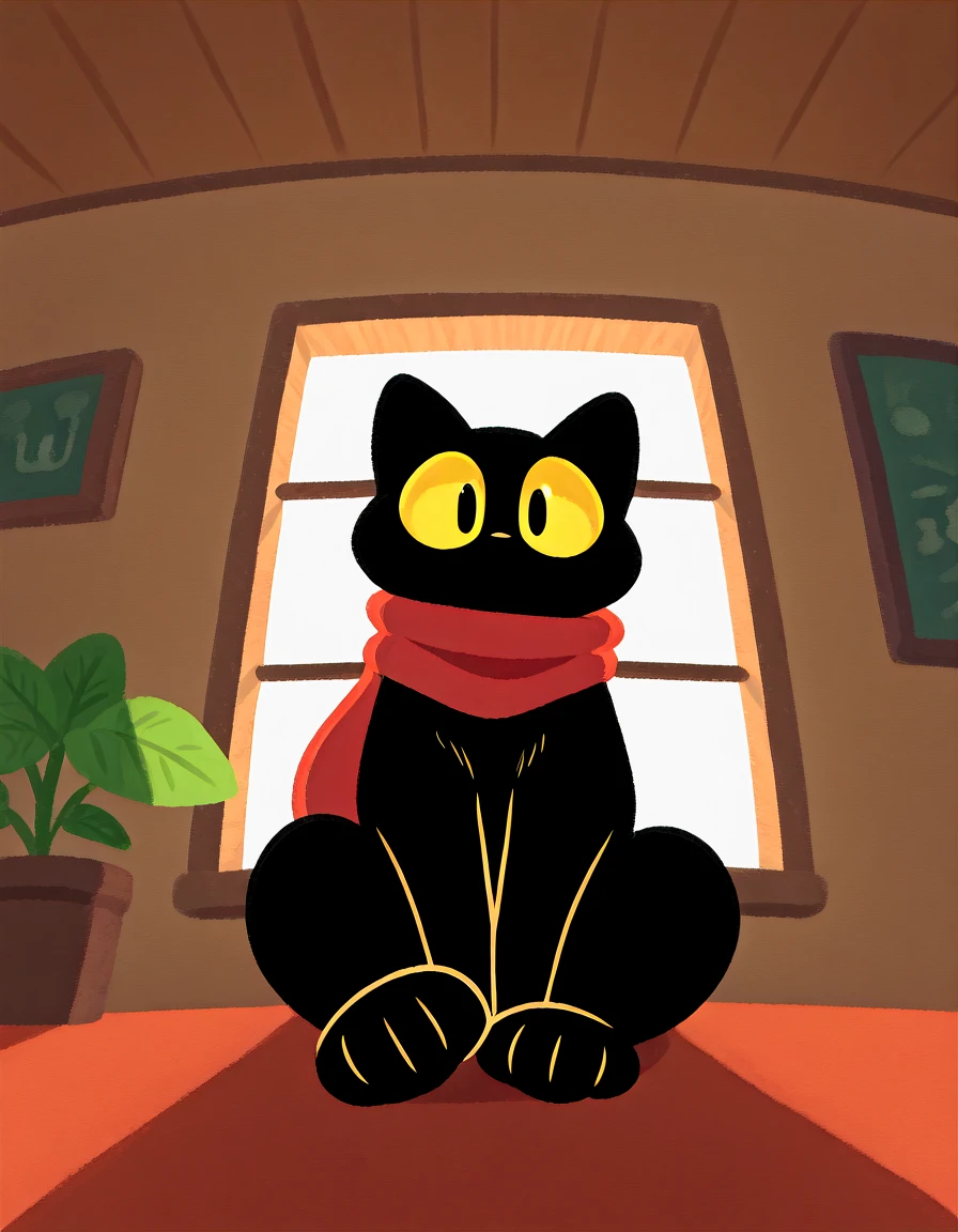 <lora:Crude-000019:0.8> crud3  black furry cat with yellow sclera sitting on the, in room, cozy, red scarf, 1boy black fur, window sunlight, close up, high contrast vivid colors, paws, foreshortening, plants, beam of light, shadow, masterpiece, best quality, amazing quality, very aesthetic, absurdres