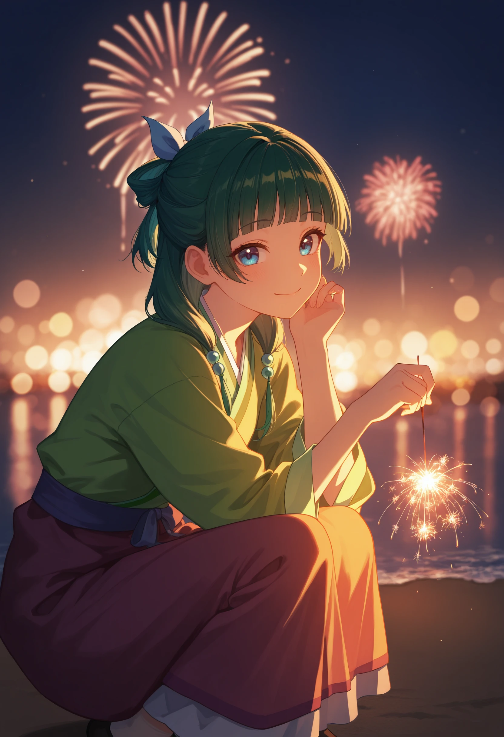 masterpiece, best quality, absurdres, safe
1girl, maomao \(kusuriya no hitorigoto\), holding fireworks, sparkler, squatting,
smile, looking at viewer, adjusting hair, from side,
night, aerial fireworks, backlighting, bokeh
<lora:senkou_hanabi_il_d16:1>