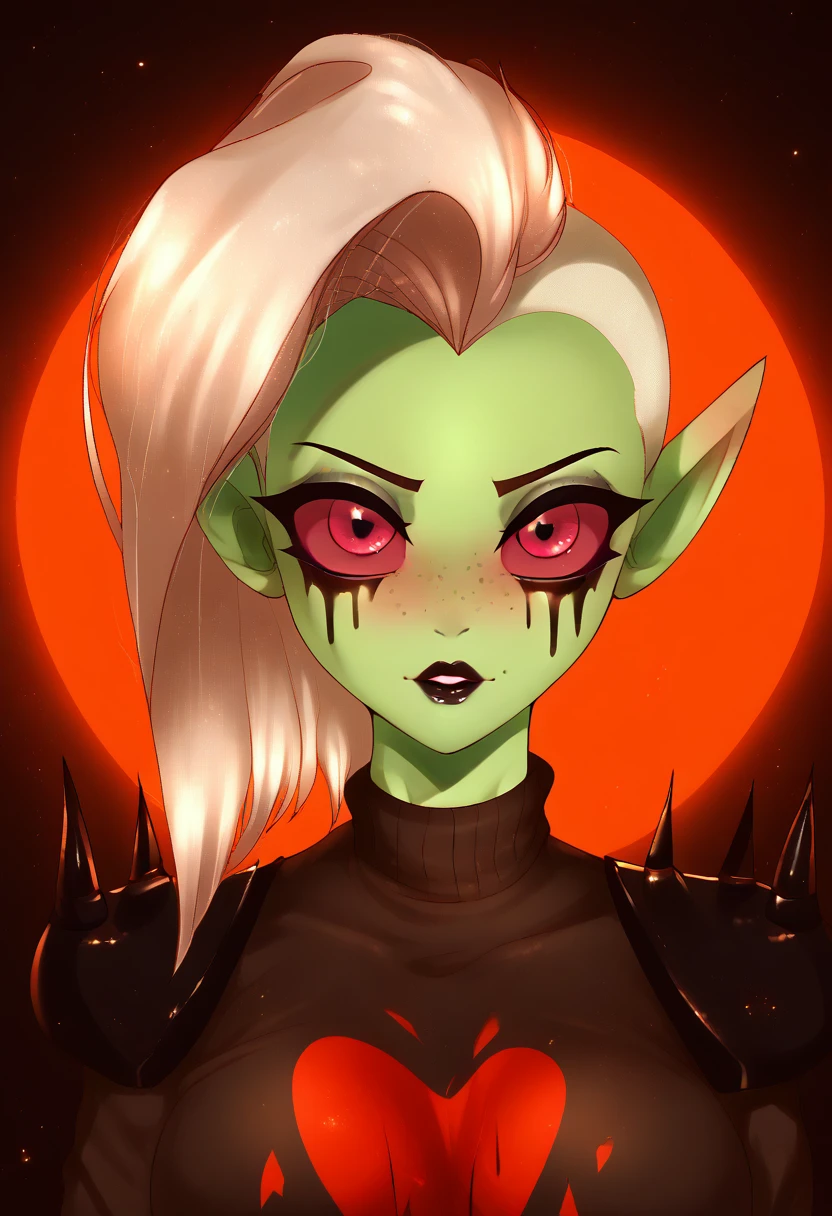 zPDXL, score_9,score_8_up,score_7_up,_up,source_cartoon, best quality, amazing quality, masterpiece, 1girl, looking at viewer, solo, blush, black lips, <lora:LordDominator3D:0.8>, lord dominator wo!262, green skin, breasts, white hair, pink eyes, freckles, no nose, pointy ears, dark forest, night, red moon, stars at the sky, wallpaper, beautiful nature, beautiful background, clevage,sweater, large breast, visible boobs, vksuika, <lora:Vksuika:1.2>, Expressiveh, good_hands, <lora:Expressive_H:0.8>, <lora:Detail_Slider_v1.4_iteration_3:4>, <lora:pony_good_hands:0.8>