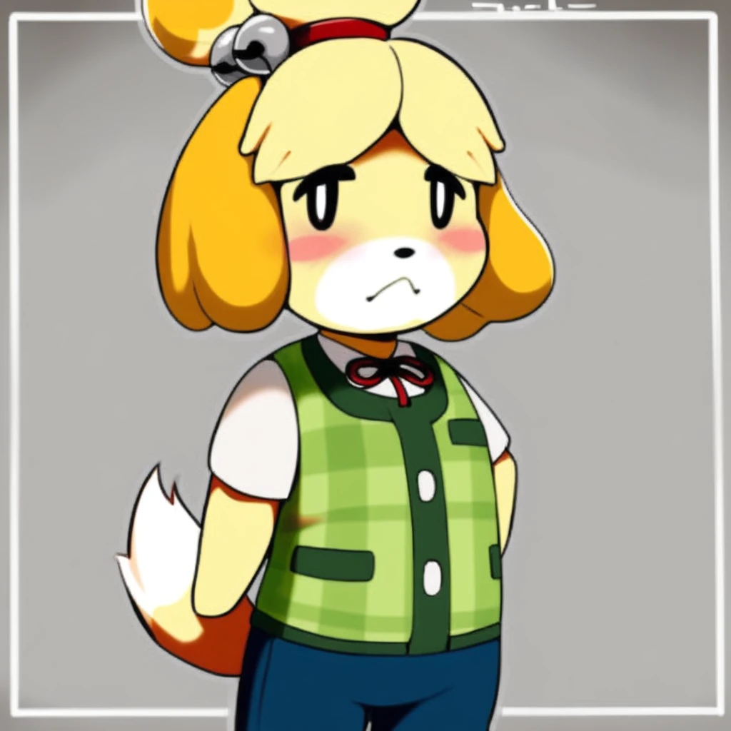 with her large, featuring a character from the popular video game series Animal Crossing, depicting Isabelle, Isabelle. This image is a digital drawing in a cartoon style, a character known for her anthropomorphic dog design with a light yellow fur, blonde bob with a fringe that covers her forehead, pointed nose. Her eyes are half-lidded with a flushed expression, open-mouthed expression, showcasing a character from the Animal Crossing series