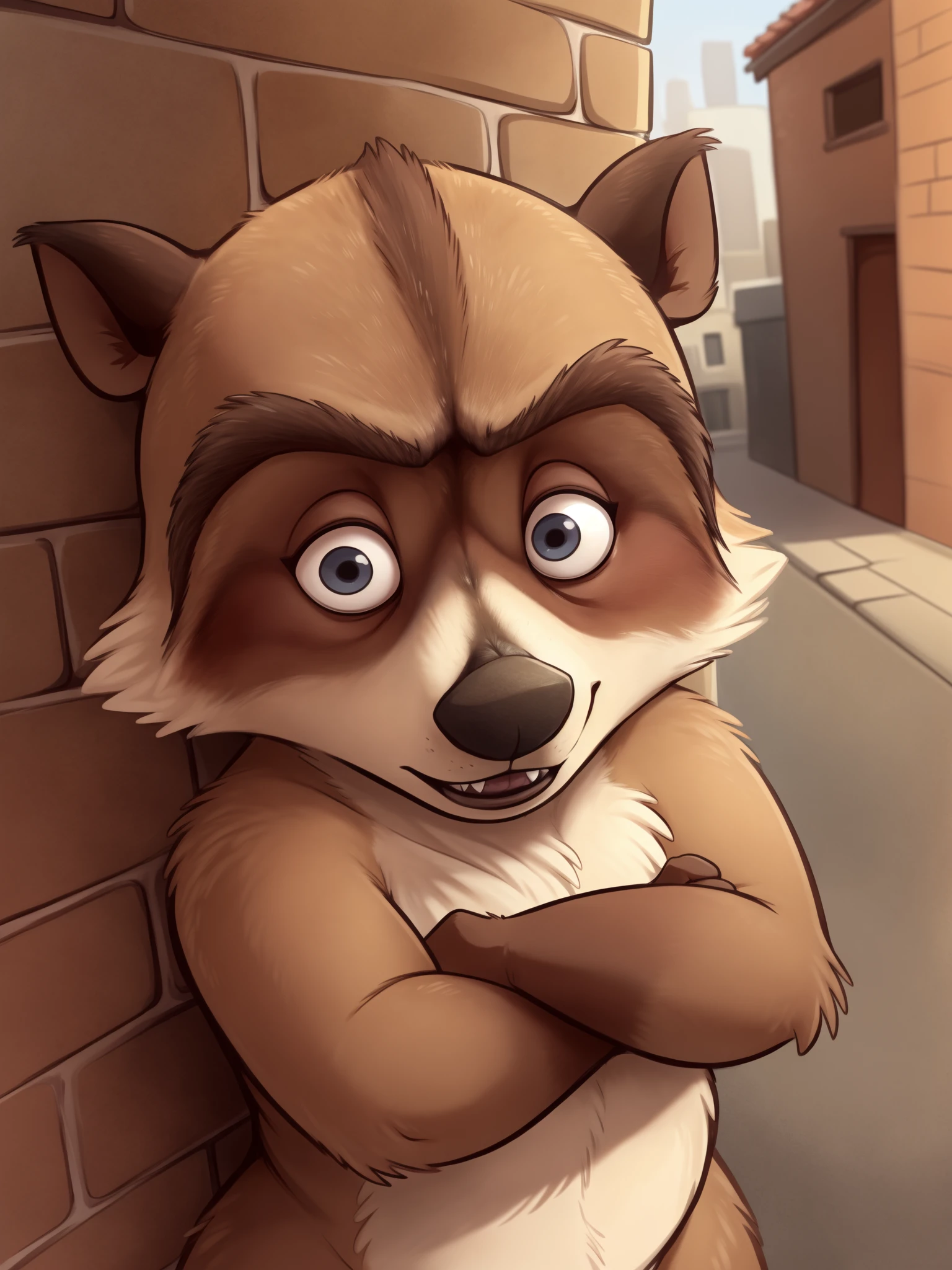 rj the raccoon, male, (on model:1.2), wide eyed, composition, proportions, front view, high-angle view, selfie shot, half-length portrait, looking at viewer, crooked jaw, puckered lips :o, solo focus, by lonbluewolf, by haps, bokeh, pinpoint detailed, detailed fur, alley, back against wall, arms crossed, side view, side eye, detailed teeth, behind wall
<lora:RJ (Over the Hedge) V3 - Fluffyrock:1>