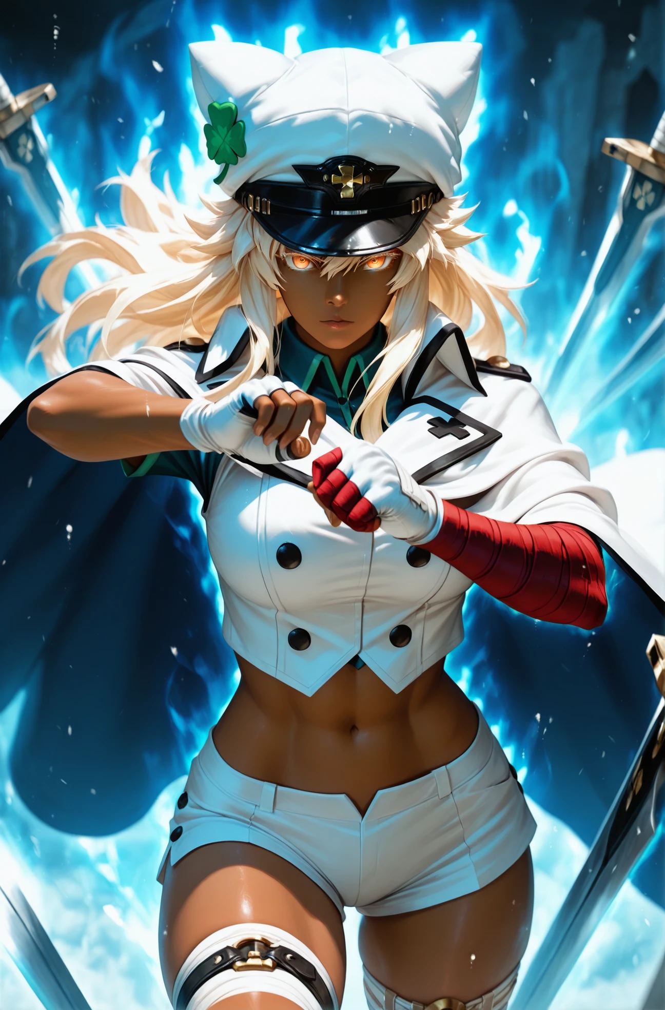 masterpiece, best quality, 2.5D,
<lora:Ultra Instinct [IL]:1.2> ultra_instinct, ((white and blue aura)), floating hair, fight stance, ((white particles))
 <lora:guiltygear_strive_ramlethal_illustriousXL:0.8> rmlthlvltne, dark-skinned female, long hair, blonde hair, orange eyes, colored eyelashes || white headwear, hat, four-leaf clover, white cape, collared cape, black belt, white vest, buttons, double-breasted, white gloves, fingerless gloves, white shorts, short shorts, thigh strap, bandages, bandaged arm, bandaged leg, midriff, navel, weapon, 2 floating swords, giant swords,  <lora:realistic filter [IL]:0.8> realistic