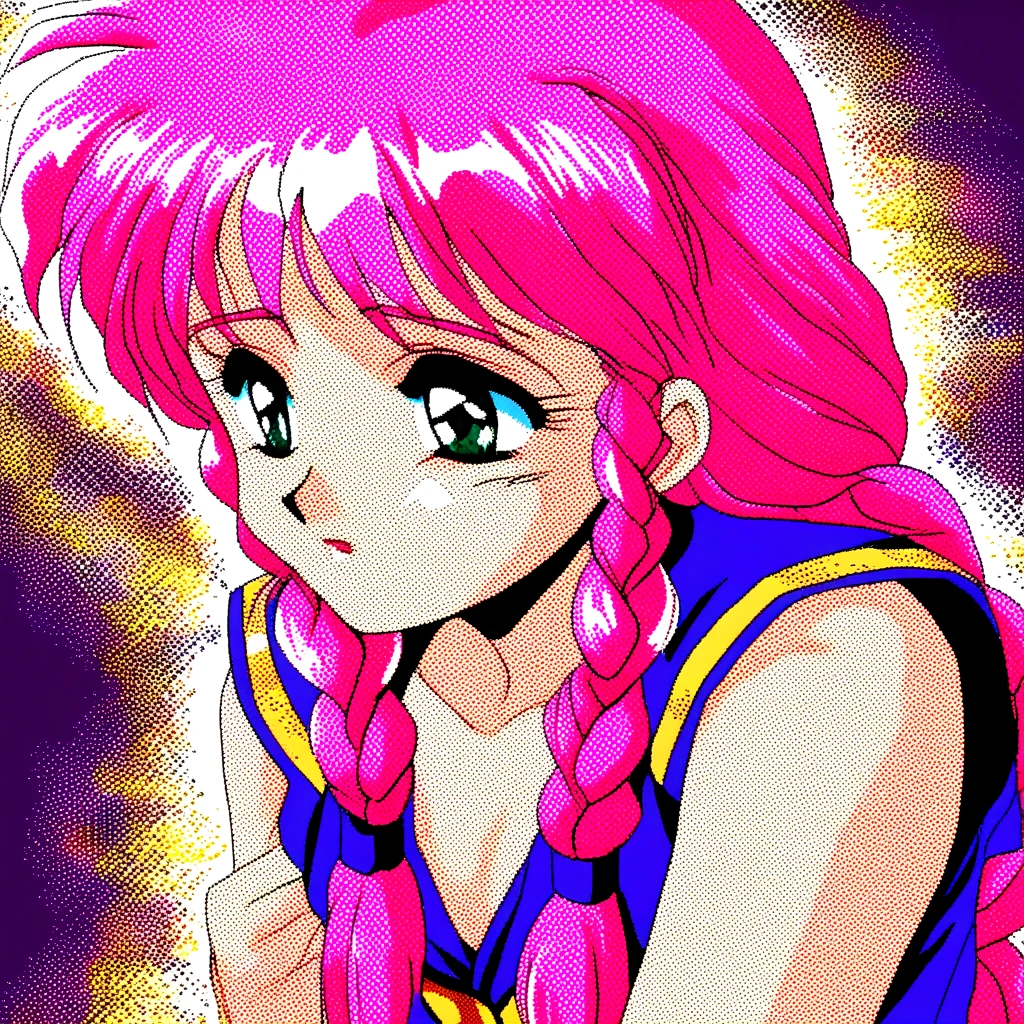 1990's PC, oekaki, retro_artstyle, 1990s_(style), oldfilm, halftone, 1girl, pink hair, braid,  <lora:1990sPCstyle_IL_v4:0.5>