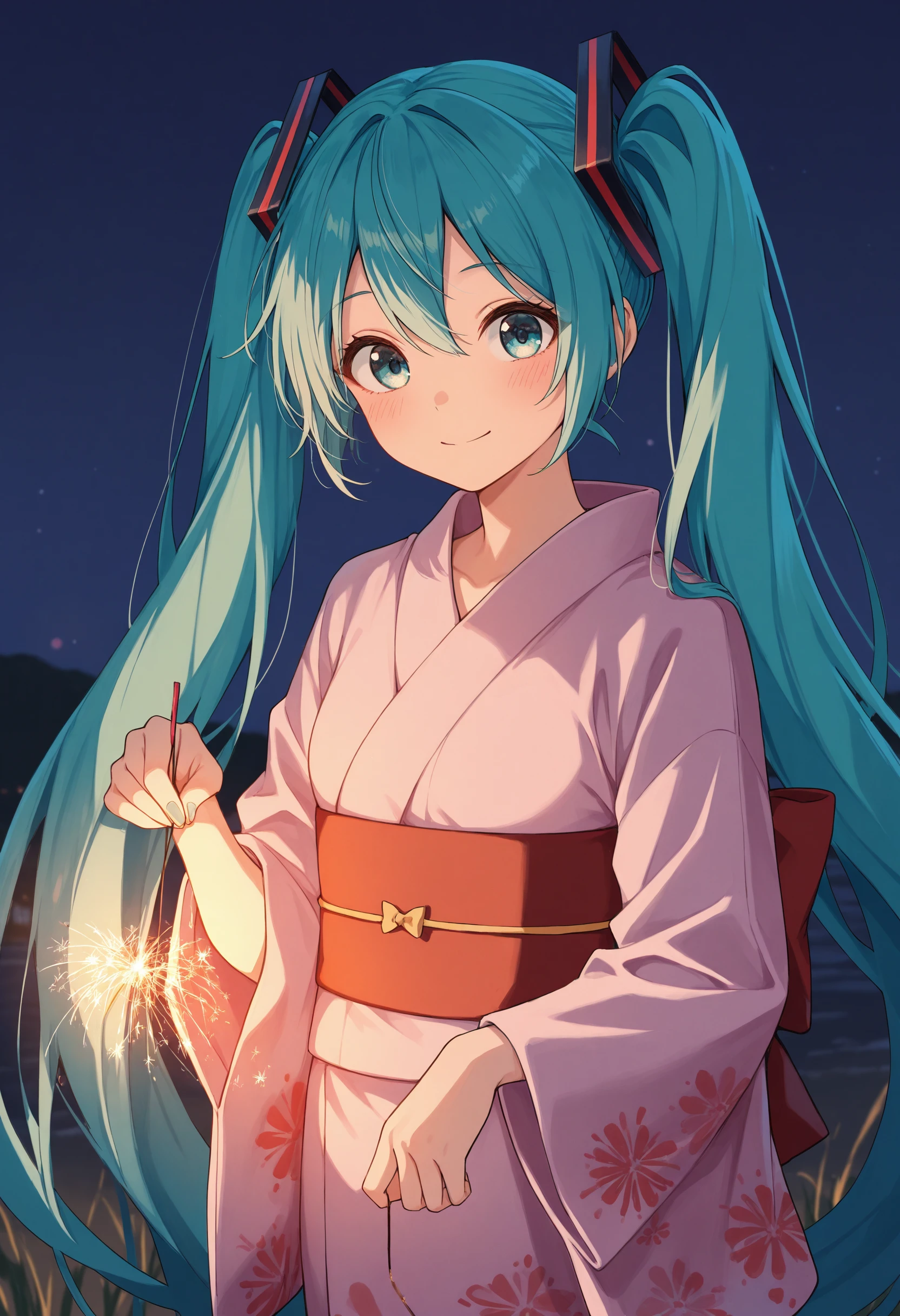 masterpiece, best quality, absurdres, safe
1girl, hatsune miku, senkou hanabi, holding fireworks, sparkler, standing, kimono
<lora:senkou_hanabi_il_d16:1>