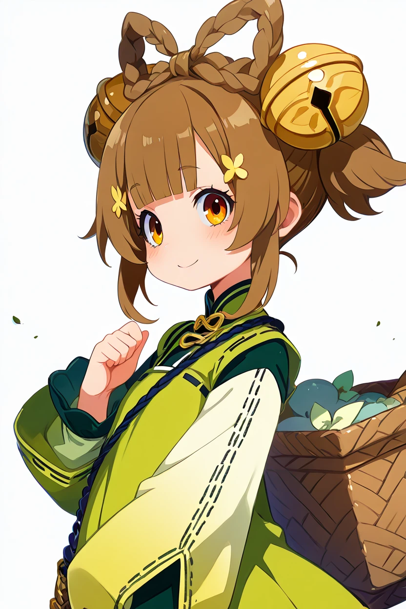 masterpiece, best quality, solo, curvy, beautiful eyes,,<lora:YaoyaoGenshinIXL:1.0>, zzYaoyao, brown eyes, orange eyes, brown hair, hair bell, hair ornament, hair rings, short hair, bell, jingle bell, braid, long sleeves, green dress, blunt bangs, basket, puffy long sleeves, upper body, side view, smile, looking at viewer, shiny skin,<lora:HaradaTakehitoIXL_v3:1.3>, <lora:ZankuroIXLLight_v2:0.6>,