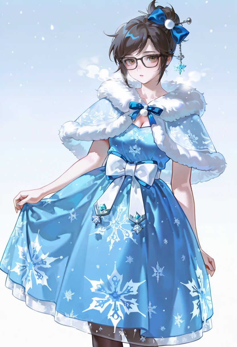 blue smc dress, bow, fur-trimmed capelet,snowflake print,snowing,1girl,solo,konya_karasue,looking at viewer,mei (overwatch)