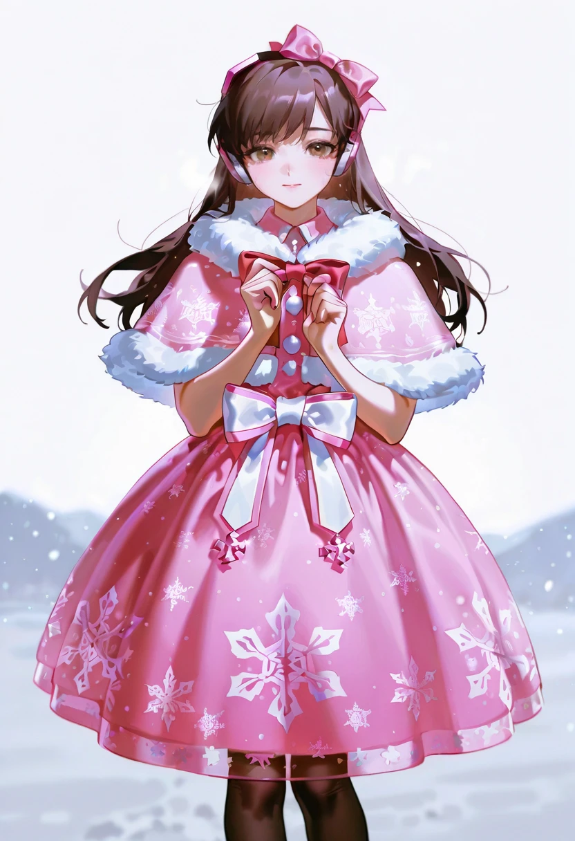 pink smc dress, bow, fur-trimmed capelet,snowflake print,snowing,1girl,solo,konya_karasue,looking at viewer,d.va (overwatch)