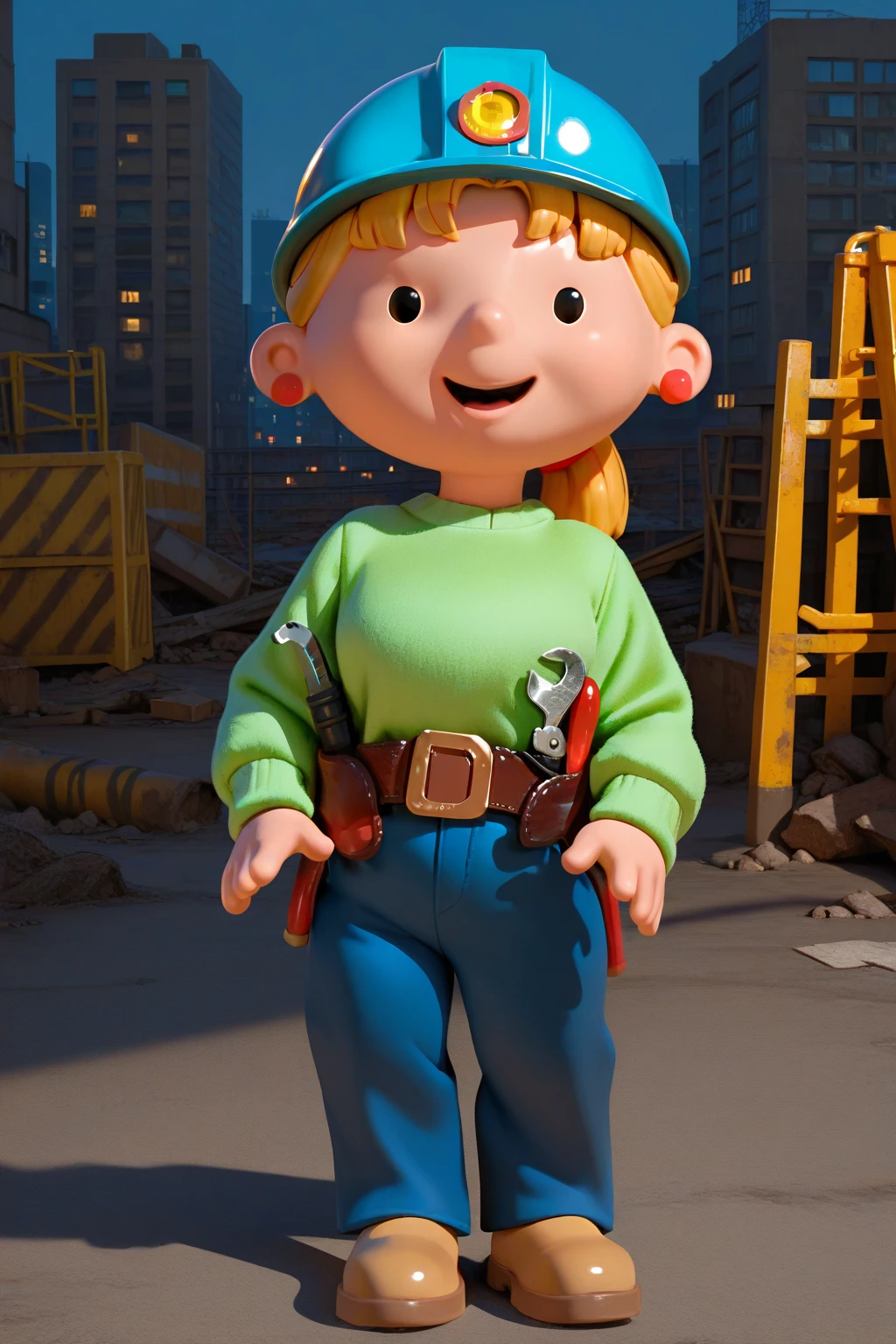 masterpiece, best quality, amazing quality, absurdres, solo, wendythebuilder, smile, open mouth, looking at viewer, dot eyes, blue hard hat, blonde hair, ponytail, green sweater, blue pants, tool belt, tools, light brown shoes, outdoors, city, construction site, scaffolding