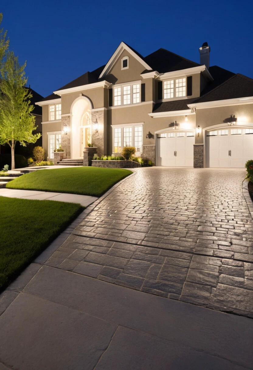 suburban house, dusk, modern architecture, two-story, garage doors, wet driveway, landscaped, front lawn, exterior lighting, clear sky, twilight hues, residential area, paved road, high dynamic range, wide angle, curb appeal, stone accents, window reflections, tranquil scene