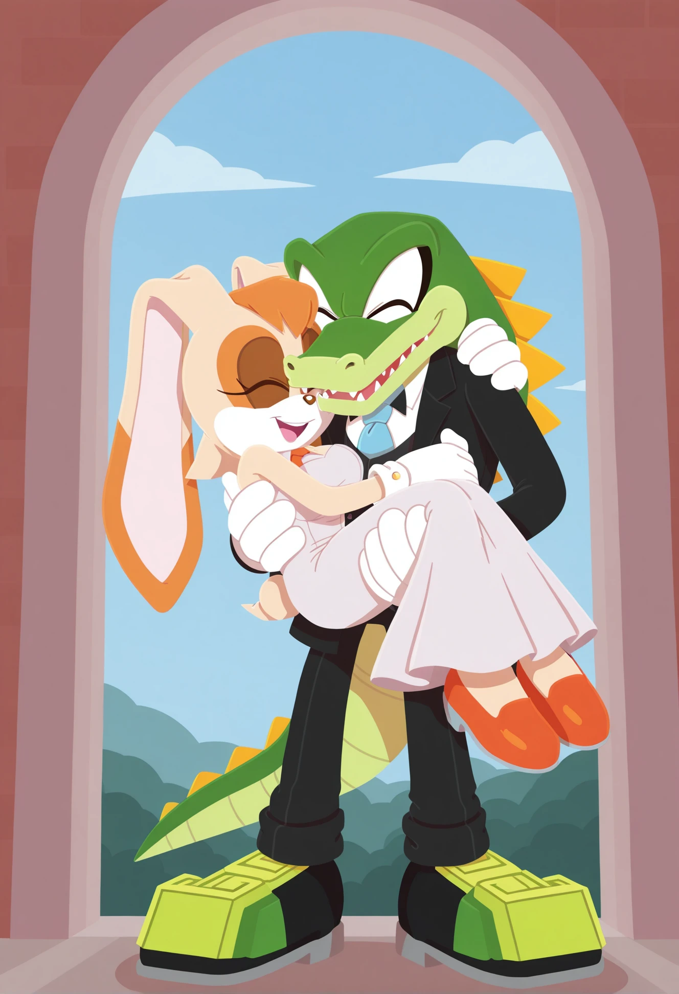 sonic (series), 1girl, 1boy,  <lora:Sonic_Channel_illu_2.5b-000019:1>, sonic channel (style), flat color, vanilla the rabbit, rabbit girl, beige fur, petite, mature female, large breasts, open mouth, smile, wedding dress, open mouth, vector the crocodile, crocodilian tail, crocodilian, ((suit)), ((princess carry)), wedding, outdoors, heads together, portrait, <lora:onblobv2-25:0.8>, onmodelblobian, ((black shoes)), white gloves, from below,  closed eyes, standing, ((tall male)), ((size difference))