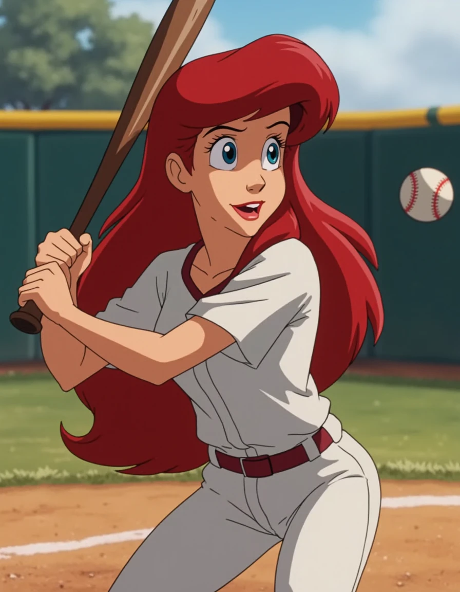 ariel is playing baseball in an outdoor setting, she is holding a baseball bat and is ready to hit, focused expression  <lora:ariel-64:1.2>