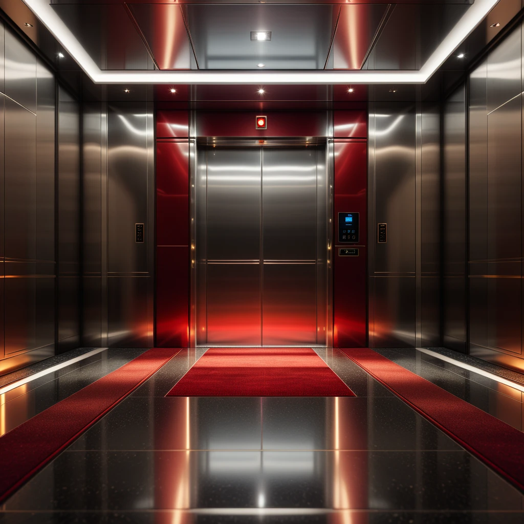 (Simple elevator interior:1.2), Symmetrical composition, Red carpet flooring, (Floor indicator above doors:1.3), Metallic control panel, Polished steel walls, Subtle reflections, (Soft dim lighting:1.2), Shadowed corners, Minimalist details, Subdued ambiance.
<lora:SDXLFaeTastic2400:0.4> <lora:extremely_detailed:0.4> extremely detailed, Masterpiece,best quality,hi res,8k,hi res,8k,award winning,(sharp focus, intricate, highly detailed),