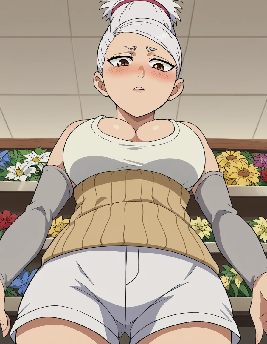 score_9, score_8_up, score_7_up, source_anime, <lora:saeko-ayase-s1-ponyxl-lora-nochekaiser:1>, saeko ayase, long hair, large breasts, white hair, brown eyes, anime screencap,, cleavage, detached sleeves, shorts, tank top,, flower shop, flowers, shelves, arrangements, , <lora:pec-pov-ponyxl-lora-nochekaiser:1> pec pov, pec pov (meme), meme, looking down, from below, blush, cowboy shot, looking at viewer, solo,, dutch angle, cowboy shot