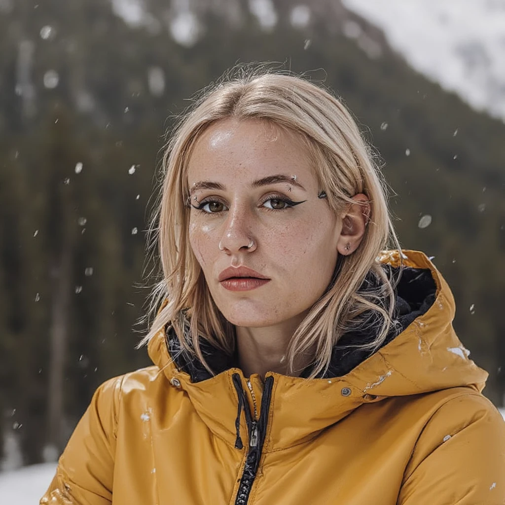 Woman BLZRGR_f in a yellow jacket, snowy, in the style of hyper-realistic portraiture, caninecore, mountainous vistas, timeless beauty, palewave, iconic, distinctive noses --ar 72101 --stylize 750 --v 6